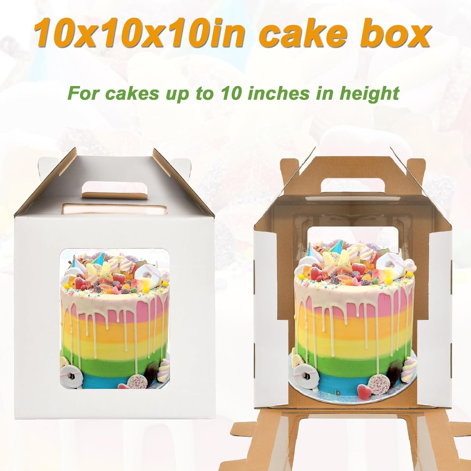 Boîte à gâteau haut de 10x10x10 pouces avec fenêtres, idéale pour les grossistes, transporteur à gâteau de 8 po et 10 po, boîte à gâteau à plusieurs niveaux, boîte à pâtisserie blanche durable, OEM, large boîte à gâteau (1 pack).