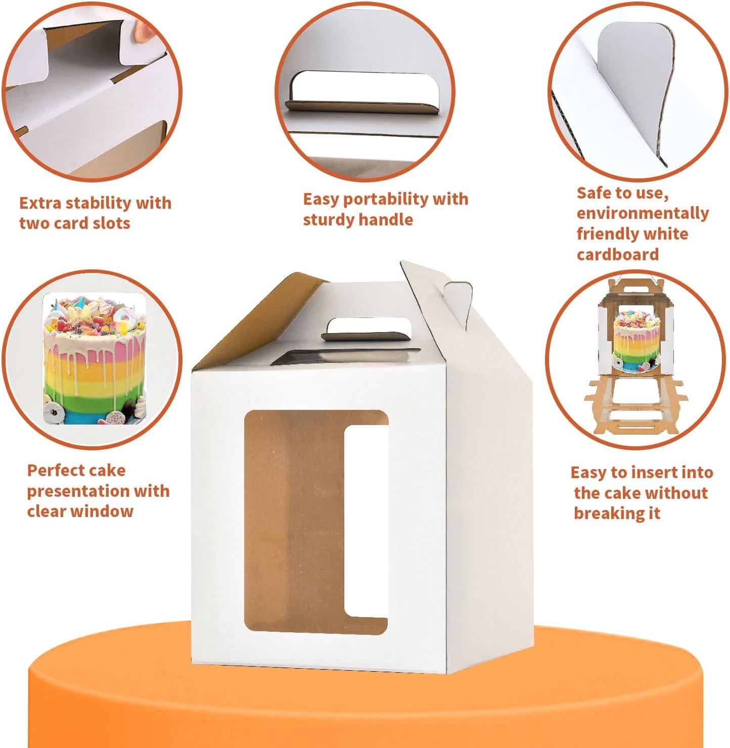 Boîte à gâteau haut de 10x10x10 pouces avec fenêtres, idéale pour les grossistes, transporteur à gâteau de 8 po et 10 po, boîte à gâteau à plusieurs niveaux, boîte à pâtisserie blanche durable, OEM, large boîte à gâteau (1 pack).