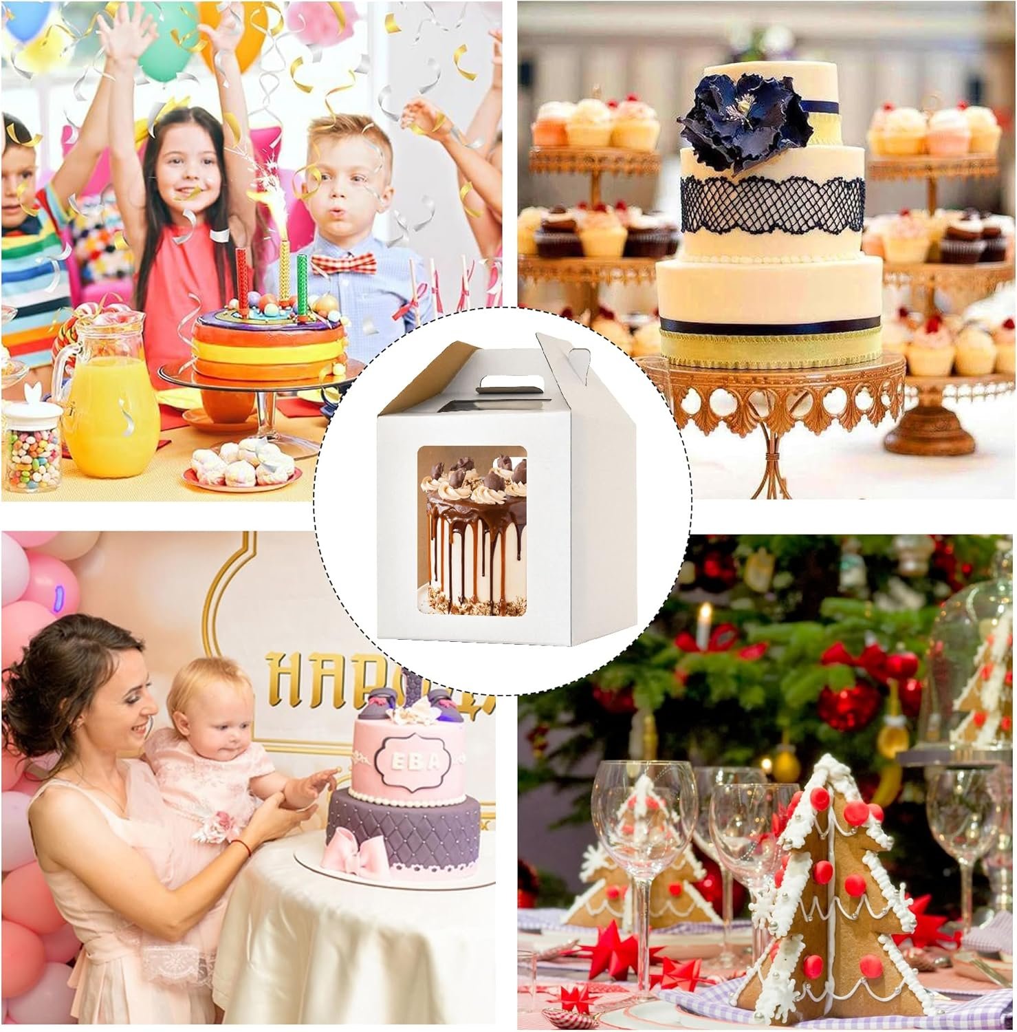 Boîte à gâteau haut de 10x10x10 pouces avec fenêtres, idéale pour les grossistes, transporteur à gâteau de 8 po et 10 po, boîte à gâteau à plusieurs niveaux, boîte à pâtisserie blanche durable, OEM, large boîte à gâteau (1 pack).