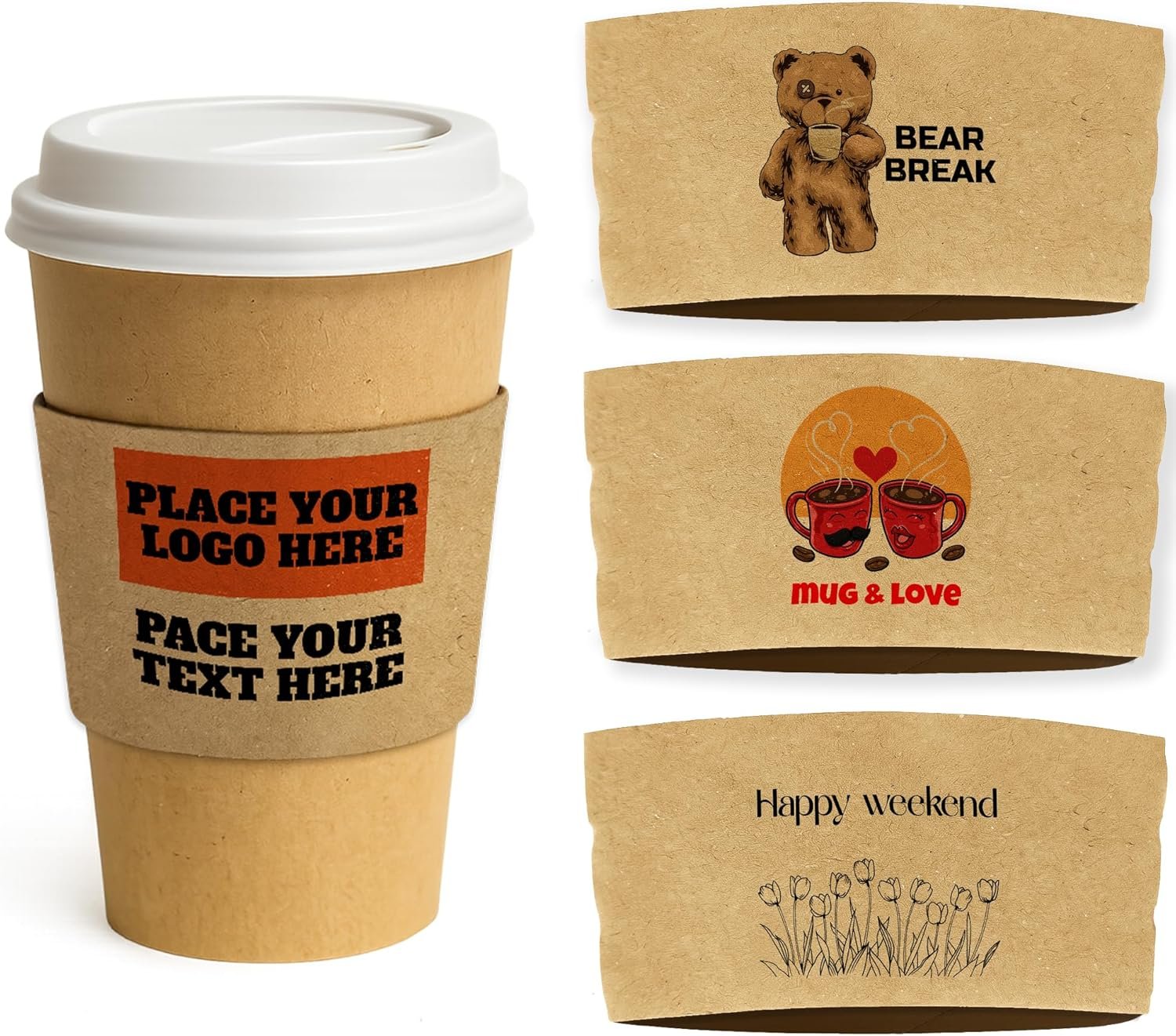 Grossiste manches en papier ondulé personnalisées pour gobelets jetables de café chaud avec couvercles - Logo Personnalisé - Pack de 25 à 100 - Fabricant fiable