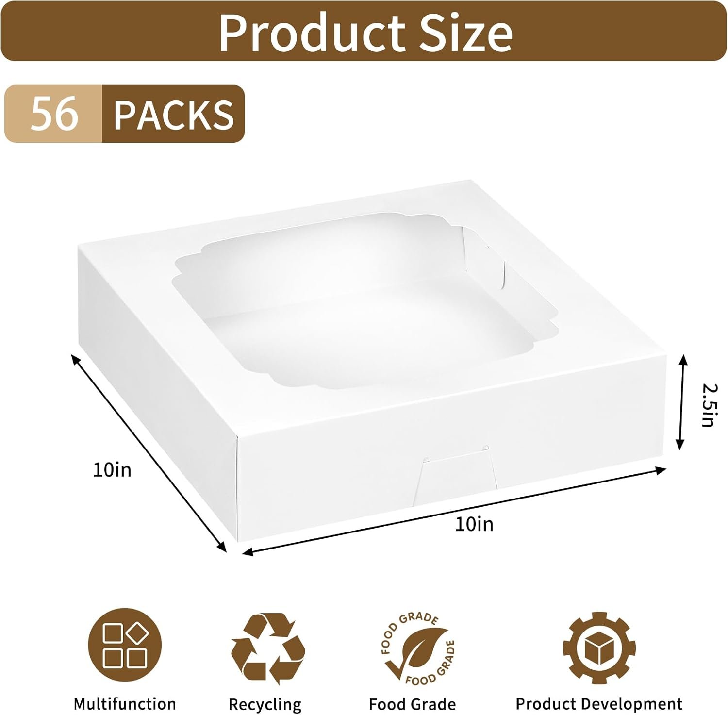 Grossiste en Vrac - Boîtes à Gâteau 56 pcs 10x10x2,5 pouces avec fenêtre pour Cookies, Pâtisseries, Tartes, Muffins, Donuts - Fournisseur avec Logo Personnalisé