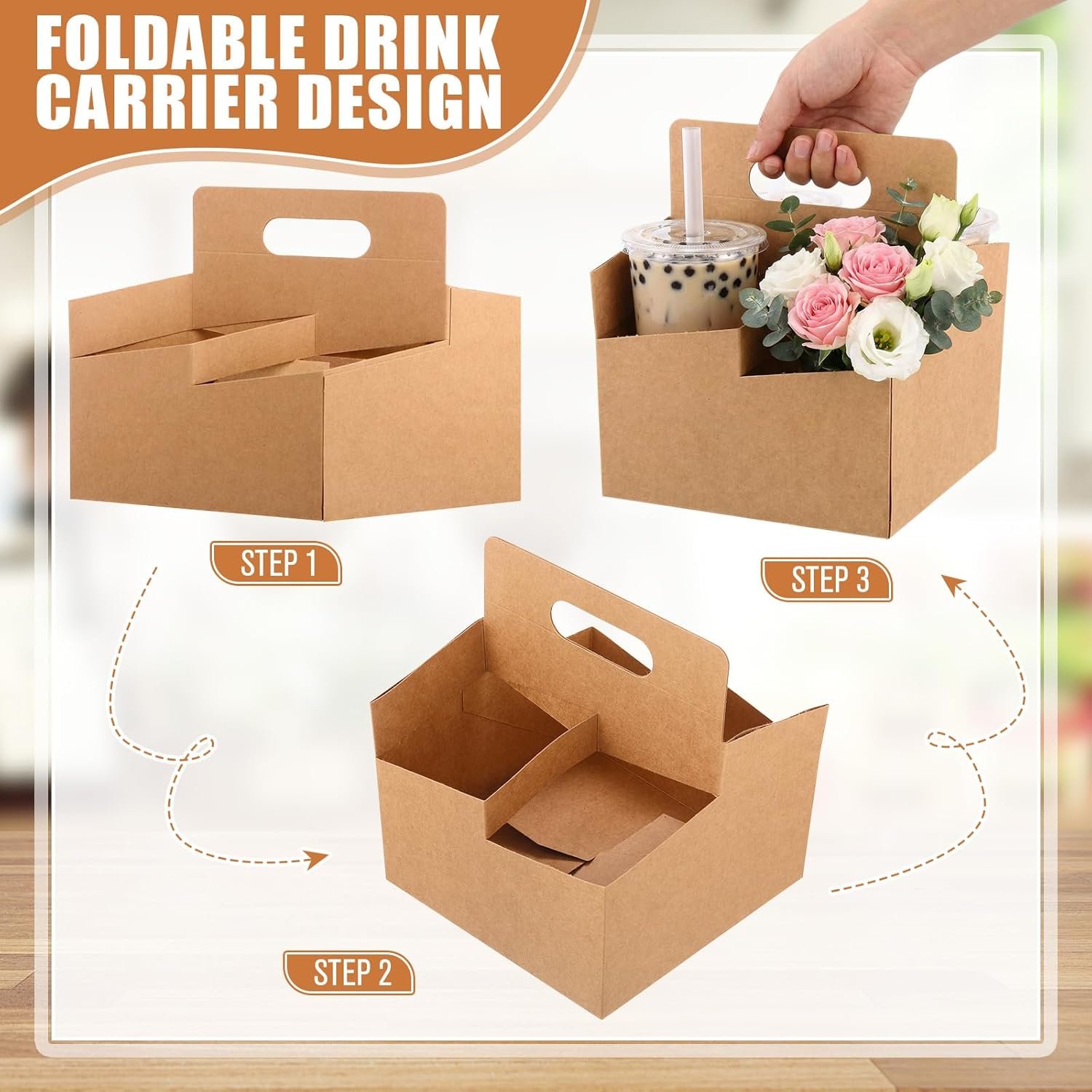Grossiste 50 pièces support de boisson à 4 tasses avec poignée en papier kraft recyclable, accessoire de livraison pour boissons chaudes et froides, OEM pour café à emporter et cadeaux floraux.
