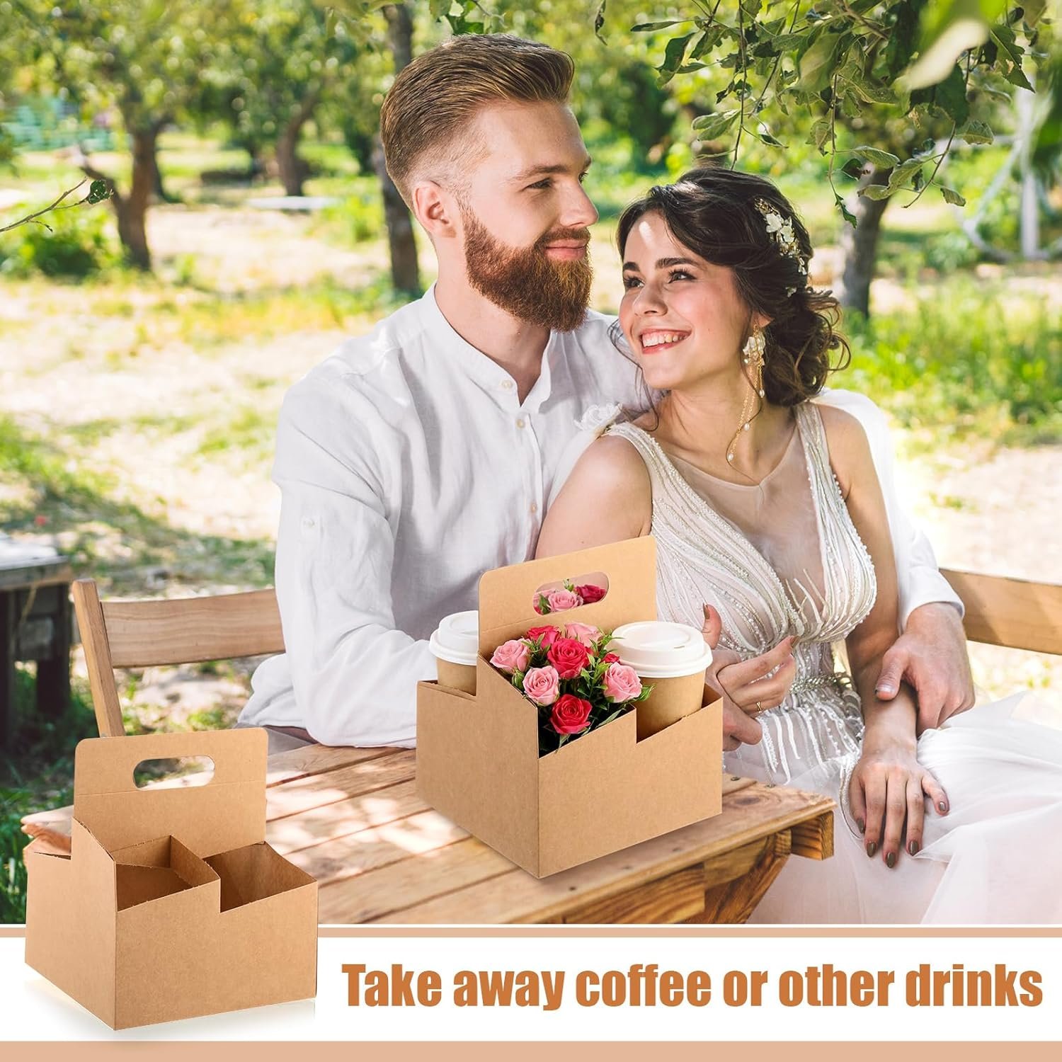 Grossiste 50 pièces support de boisson à 4 tasses avec poignée en papier kraft recyclable, accessoire de livraison pour boissons chaudes et froides, OEM pour café à emporter et cadeaux floraux.