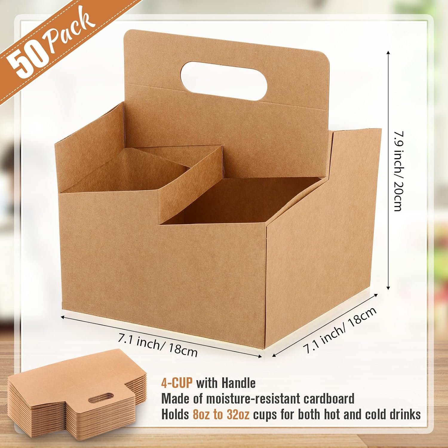 Grossiste 50 pièces support de boisson à 4 tasses avec poignée en papier kraft recyclable, accessoire de livraison pour boissons chaudes et froides, OEM pour café à emporter et cadeaux floraux.