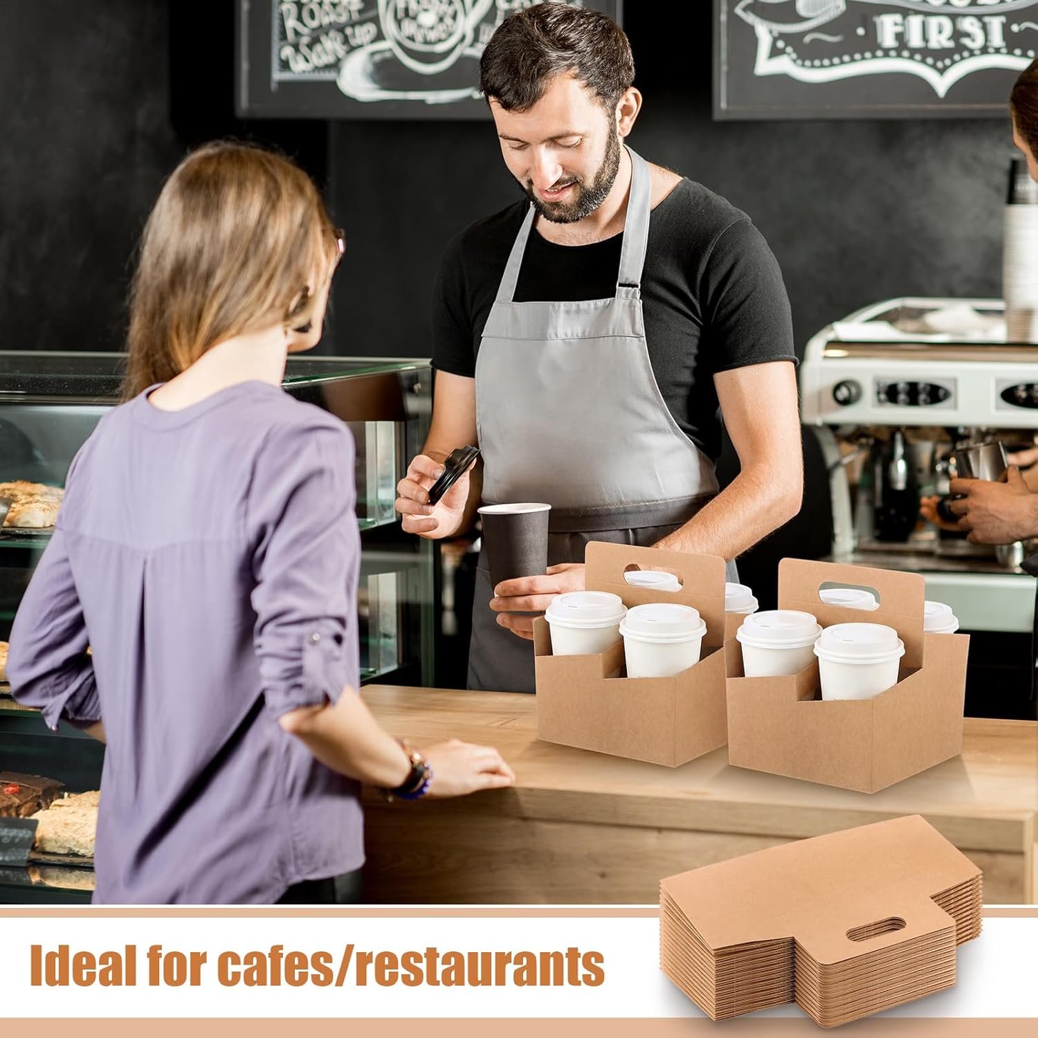 Grossiste 50 pièces support de boisson à 4 tasses avec poignée en papier kraft recyclable, accessoire de livraison pour boissons chaudes et froides, OEM pour café à emporter et cadeaux floraux.