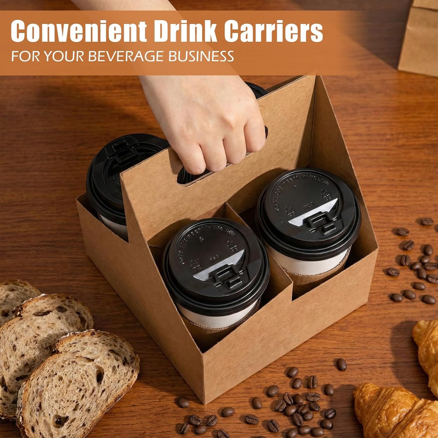 Grossiste 50 pièces support de boisson à 4 tasses avec poignée en papier kraft recyclable, accessoire de livraison pour boissons chaudes et froides, OEM pour café à emporter et cadeaux floraux.