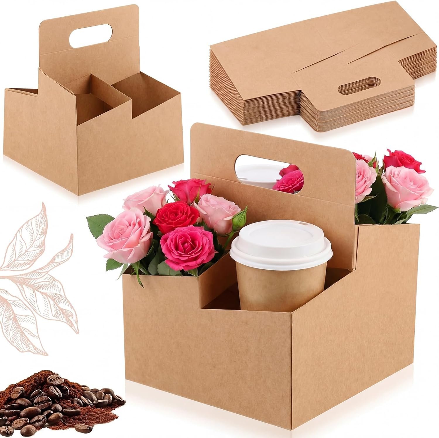 Grossiste 50 pièces support de boisson à 4 tasses avec poignée en papier kraft recyclable, accessoire de livraison pour boissons chaudes et froides, OEM pour café à emporter et cadeaux floraux.