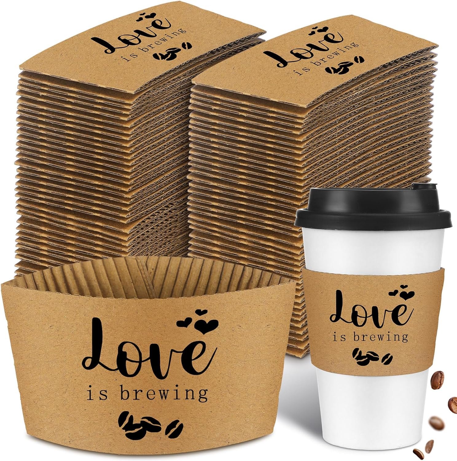 Grossiste 200 Pcs Manchons à Café Personnalisés "L'amour est dans l'air" en Vrac pour Mariage, Fournisseur de Manchons en Papier Kraft pour 10-20 oz, Favor pour Anniversaire et Baby Shower, Logo Personnalisé.