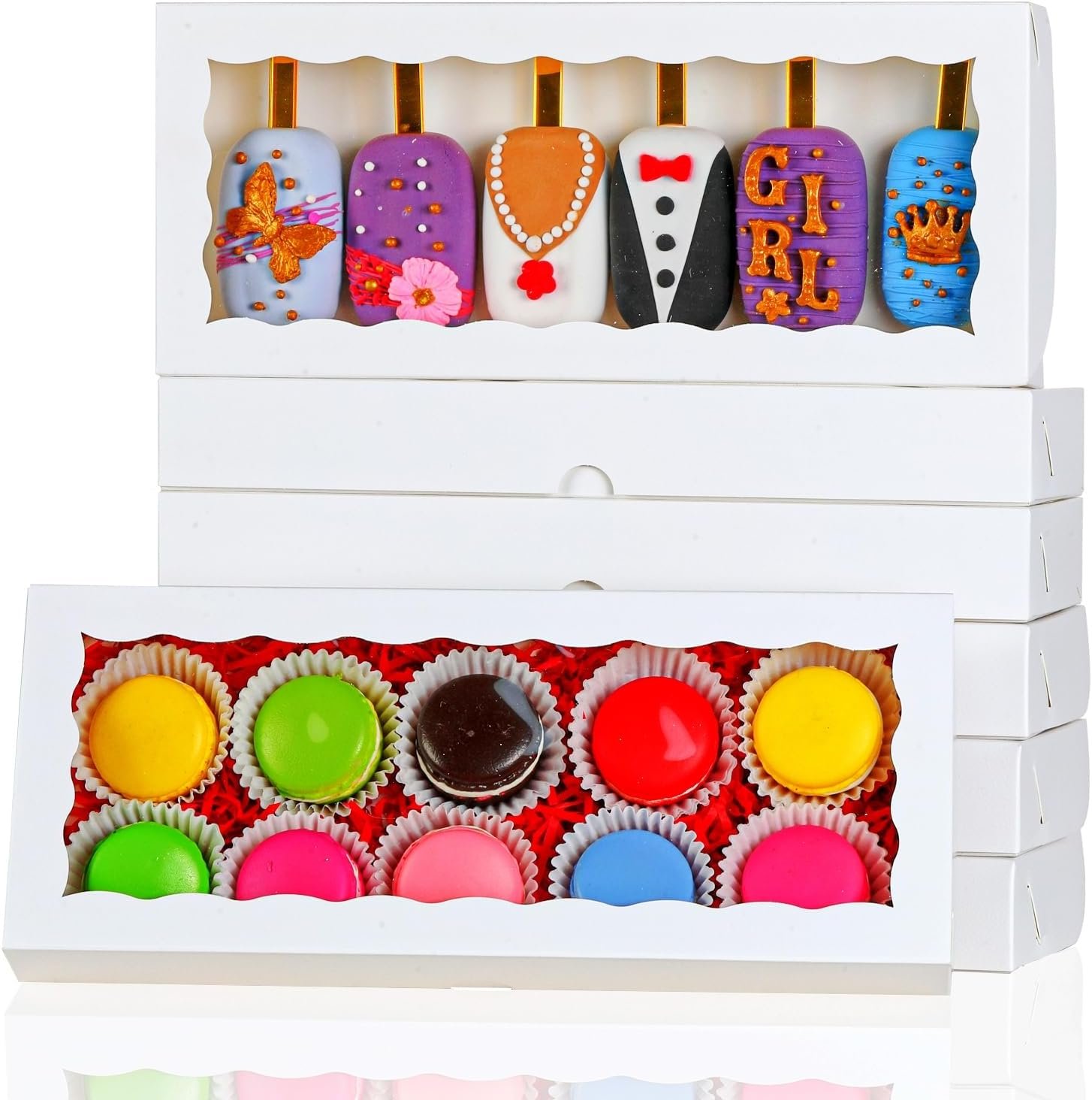 Grossiste en Boîtes à Gâteaux - Boîtes Blanches à Fenêtre 12x5x1.5 Pouces pour Macarons, Chocolats, Donuts et Friandises avec Logo Personnalisé en Vrac pour Noël, Saint-Valentin, Pâques et Fête des Mères. Fabricant de Solutions d'Emballage.