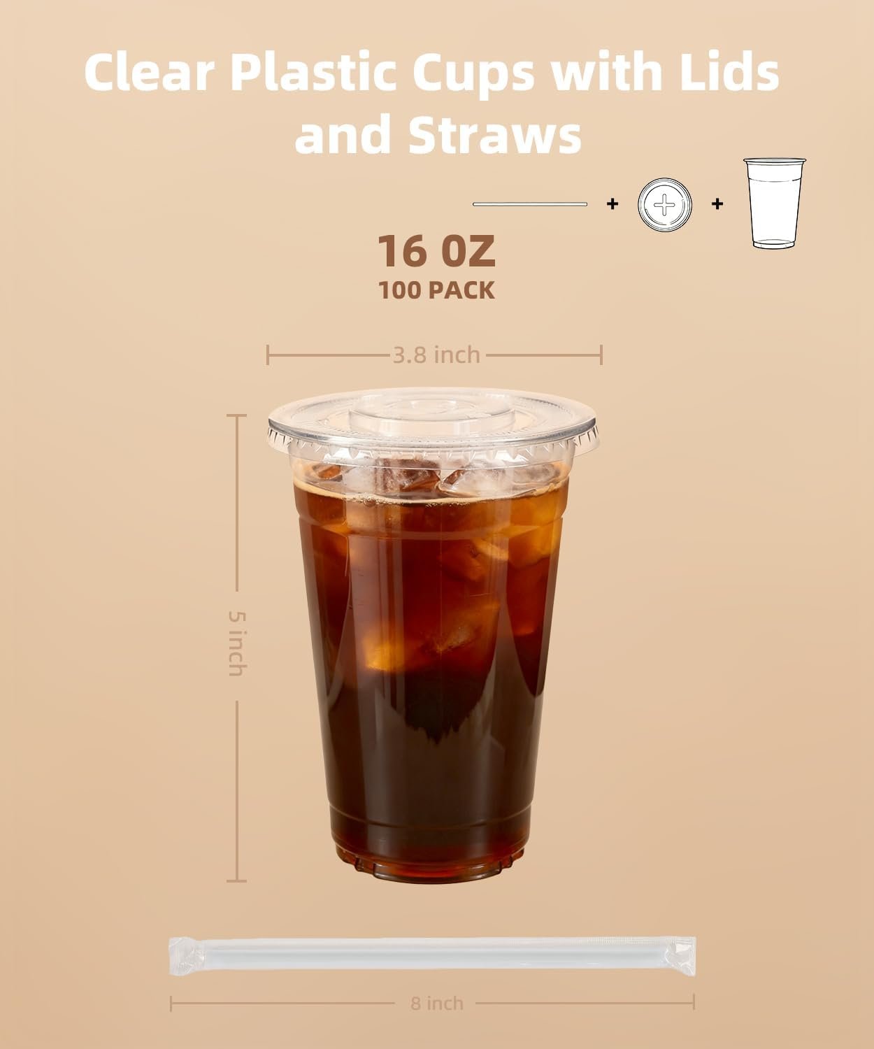 Grossiste 100 Paquet - Gobelets en Plastique Clairs de 16 oz avec Couvercles et Pailles, Gobelets Iced Coffee Stables et Sûrs pour les Aliments - Vente en Gros de Gobelets Jetables pour Boissons Froides, Milkshake sans BPA - Marque Blanche