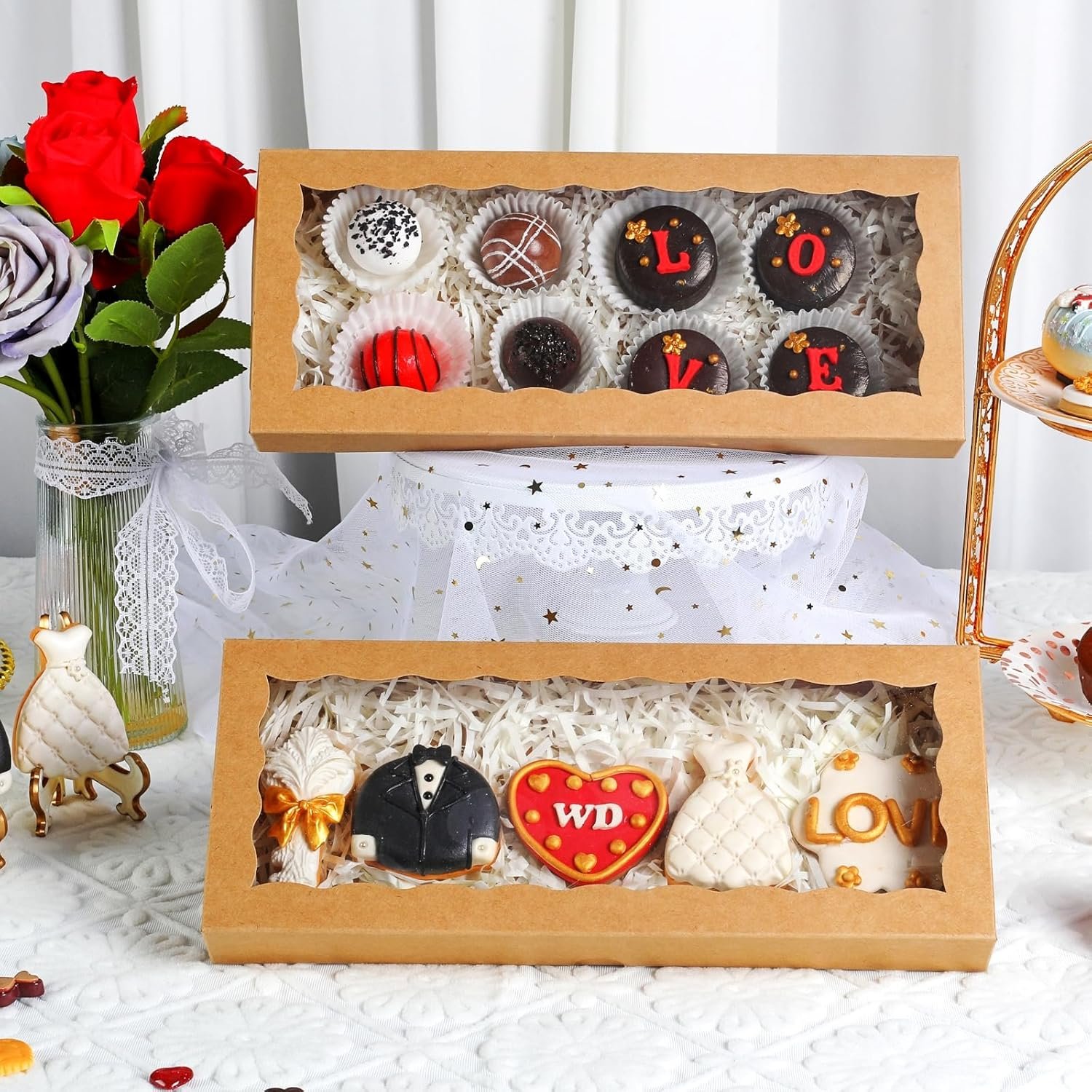 Grossiste 15PCS Boîtes de Pâtisserie Blanches avec Fenêtre 12x5x1.5 Pouces pour Cookies, Truffes au Chocolat, Macarons, Browines, et Gâteaux - Logo Personnalisé, Vente en Gros pour Noël, Saint-Valentin, Pâques et Fête des Mères. Grossiste 15PCS Boîtes de Pâtisserie Blanches avec Fenêtre 12x5x1.5 Pouces pour Cookies, Truffes au Chocolat, Macarons, Browines, et Gâteaux - Logo Personnalisé, Vente en Gros pour Noël, Saint-Valentin, Pâques et Fête des Mères.