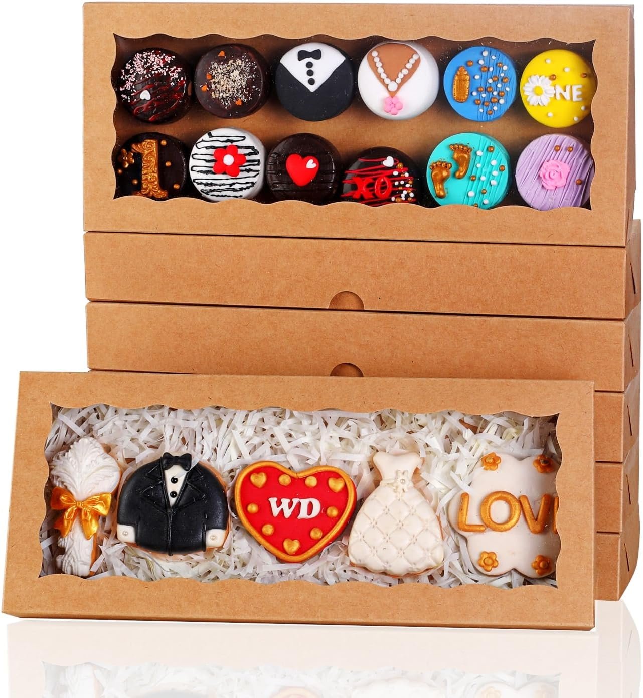 Grossiste 15PCS Boîtes de Pâtisserie Blanches avec Fenêtre 12x5x1.5 Pouces pour Cookies, Truffes au Chocolat, Macarons, Browines, et Gâteaux - Logo Personnalisé, Vente en Gros pour Noël, Saint-Valentin, Pâques et Fête des Mères.