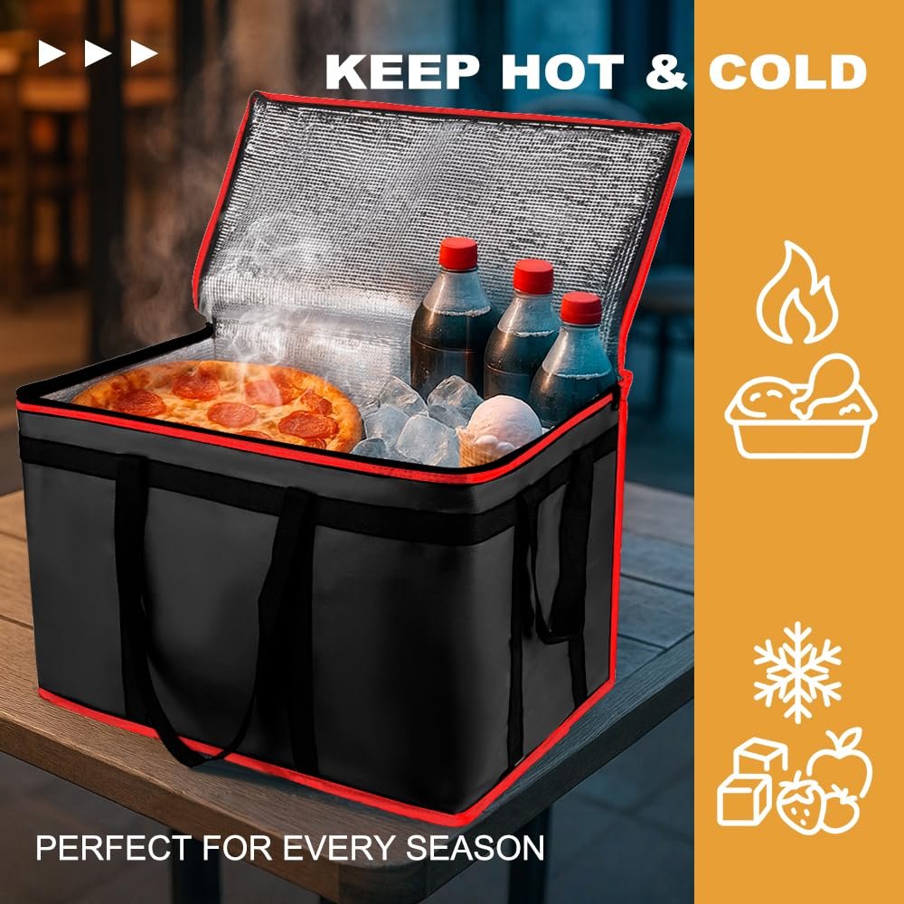 Grossiste Sac Isotherme pour Livraison Alimentaire, Grande Capacité Reusable Thermal Cooler - Sac pour Catering et Livraison, Transporteur de Pizza pour Événements, Gardez les Aliments Chauds/Froids, Fabricant (Noir avec Bord Rouge, 1PK) OEM