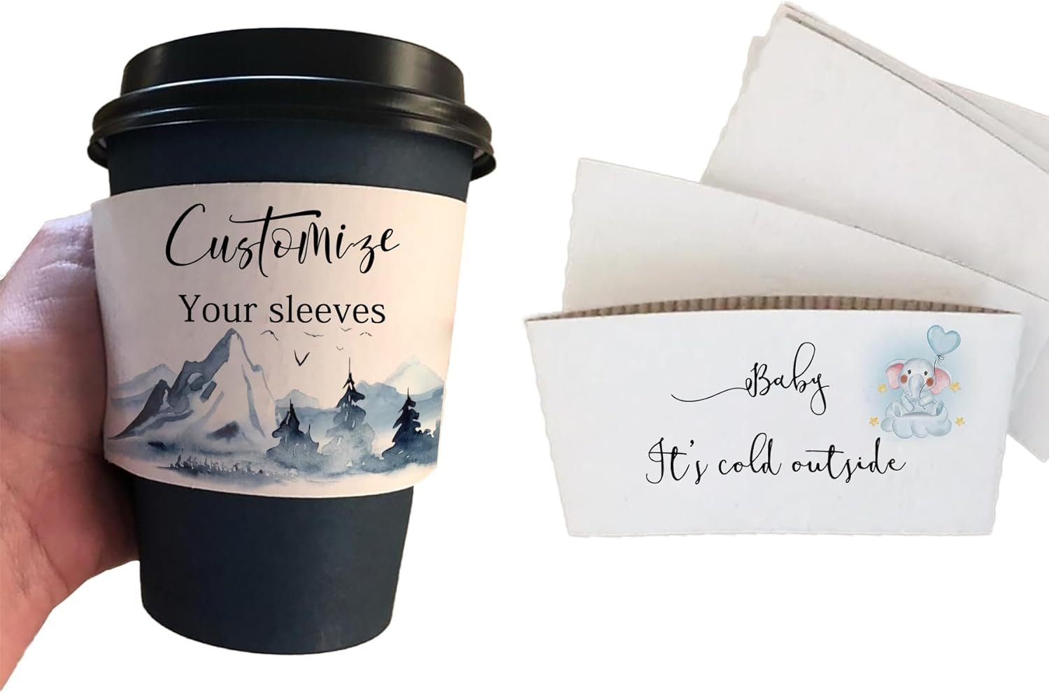 Grossiste en manchons à café personnalisés, sleeves jetables avec logo, fabricant de manchons blancs pour événements comme baby shower, mariage ou fête.