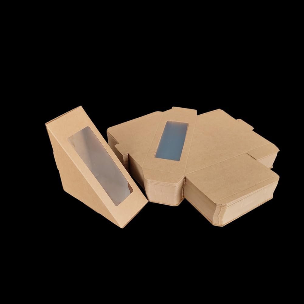 Boîtes à sandwich en papier kraft avec fenêtre transparente, 100 unités, vente en gros, fabriquées par un fournisseur spécialisé, avec logo personnalisé, contenants pour pâtisserie à emporter.