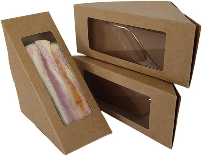 Boîtes à sandwich en papier kraft avec fenêtre transparente, 100 unités, vente en gros, fabriquées par un fournisseur spécialisé, avec logo personnalisé, contenants pour pâtisserie à emporter.