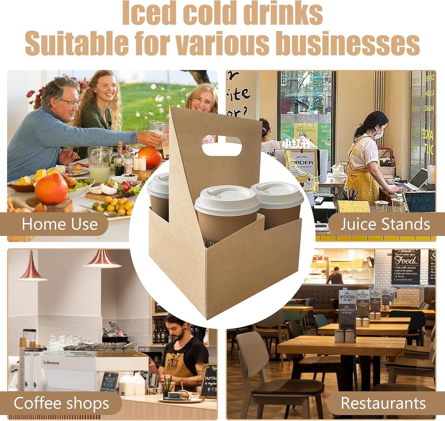 Grossiste en Vrac : Support à boissons pour 50 Pcs avec anse (4 tasses), fabriqué par un fournisseur de qualité, idéal pour toutes vos livraisons de boissons et aliments, avec logo personnalisé.