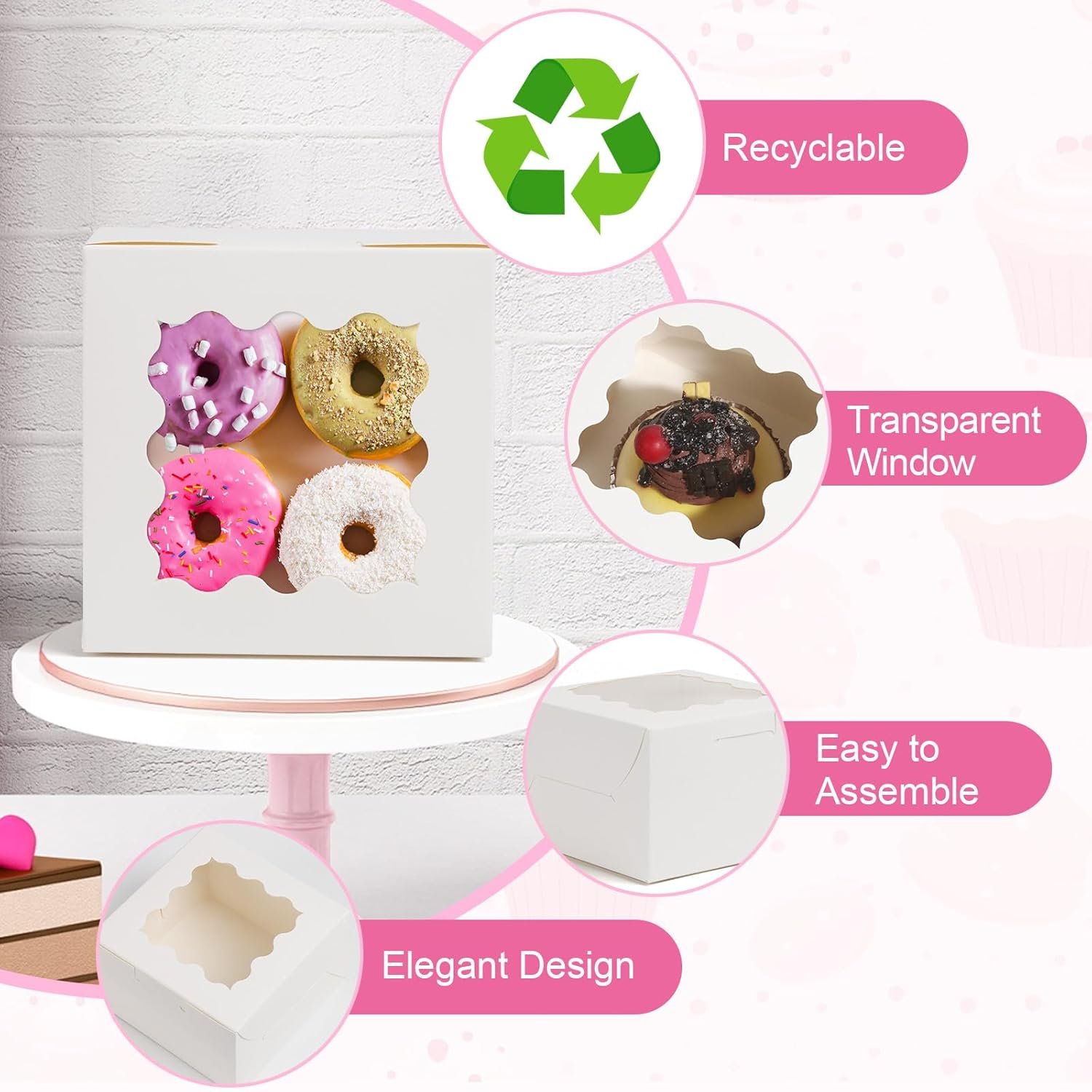 Grossiste Boîtes à Cookies Blanches 26pcs avec Fenêtre, 4x4x2,5 Pouces Petites Boîtes de Pâtisserie avec 36 Autocollants, OEM pour Gâteaux, Cookies, Desserts, Pâtisseries, Donuts, Macarons, Fraises, Chocolats, Cupcakes, Bonbons, Marque Blanche.