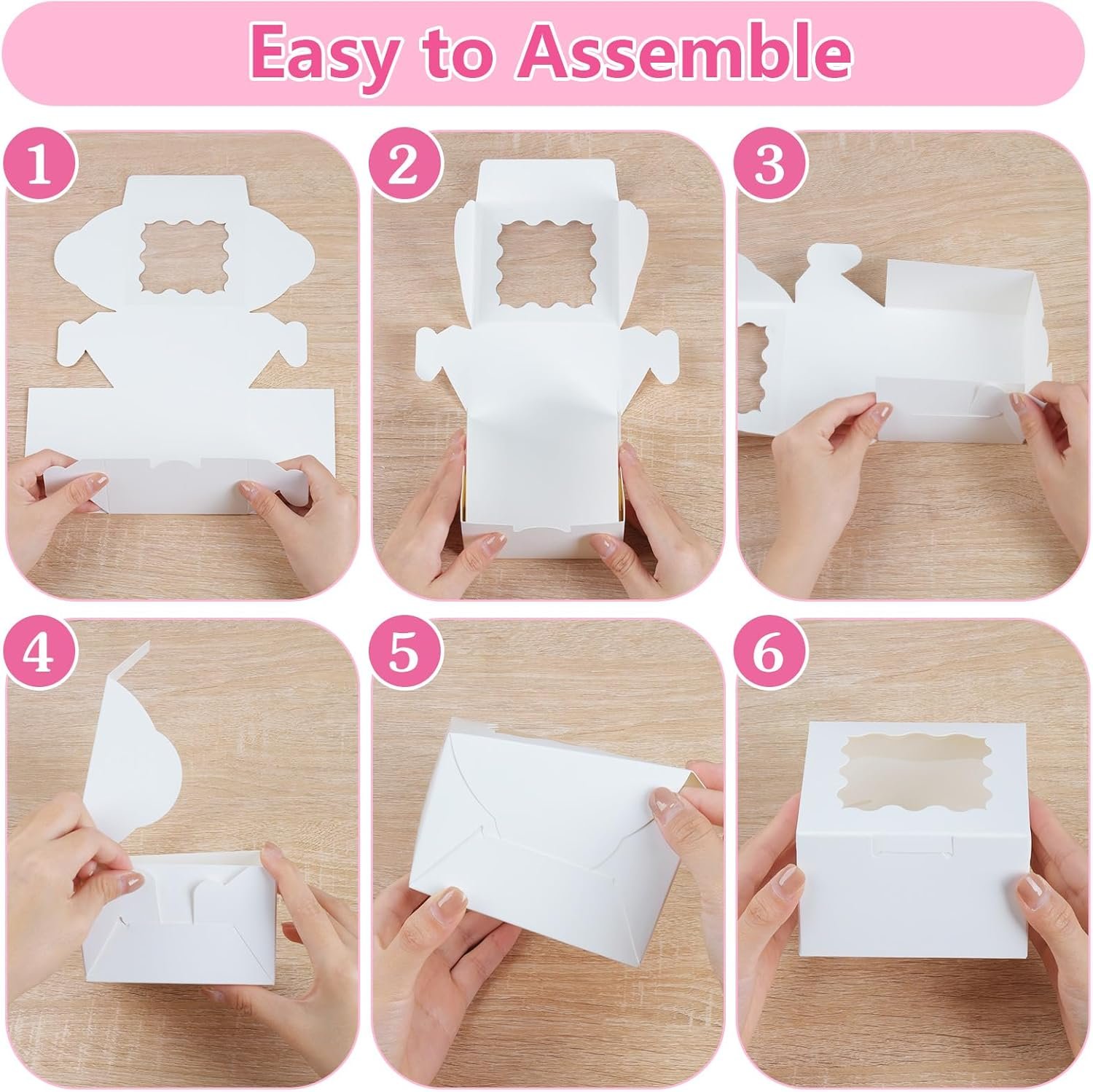 Grossiste Boîtes à Cookies Blanches 26pcs avec Fenêtre, 4x4x2,5 Pouces Petites Boîtes de Pâtisserie avec 36 Autocollants, OEM pour Gâteaux, Cookies, Desserts, Pâtisseries, Donuts, Macarons, Fraises, Chocolats, Cupcakes, Bonbons, Marque Blanche.