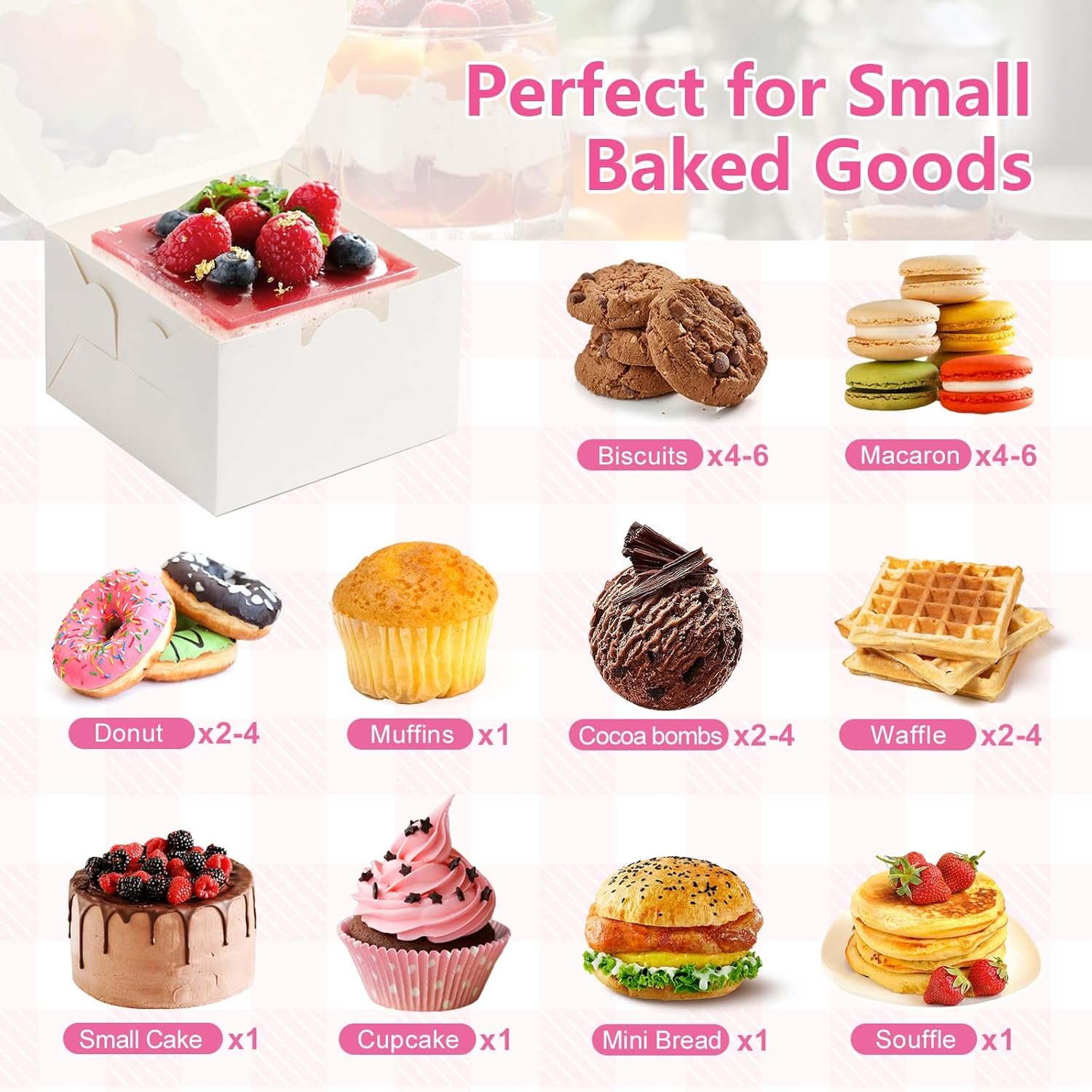 Grossiste Boîtes à Cookies Blanches 26pcs avec Fenêtre, 4x4x2,5 Pouces Petites Boîtes de Pâtisserie avec 36 Autocollants, OEM pour Gâteaux, Cookies, Desserts, Pâtisseries, Donuts, Macarons, Fraises, Chocolats, Cupcakes, Bonbons, Marque Blanche.