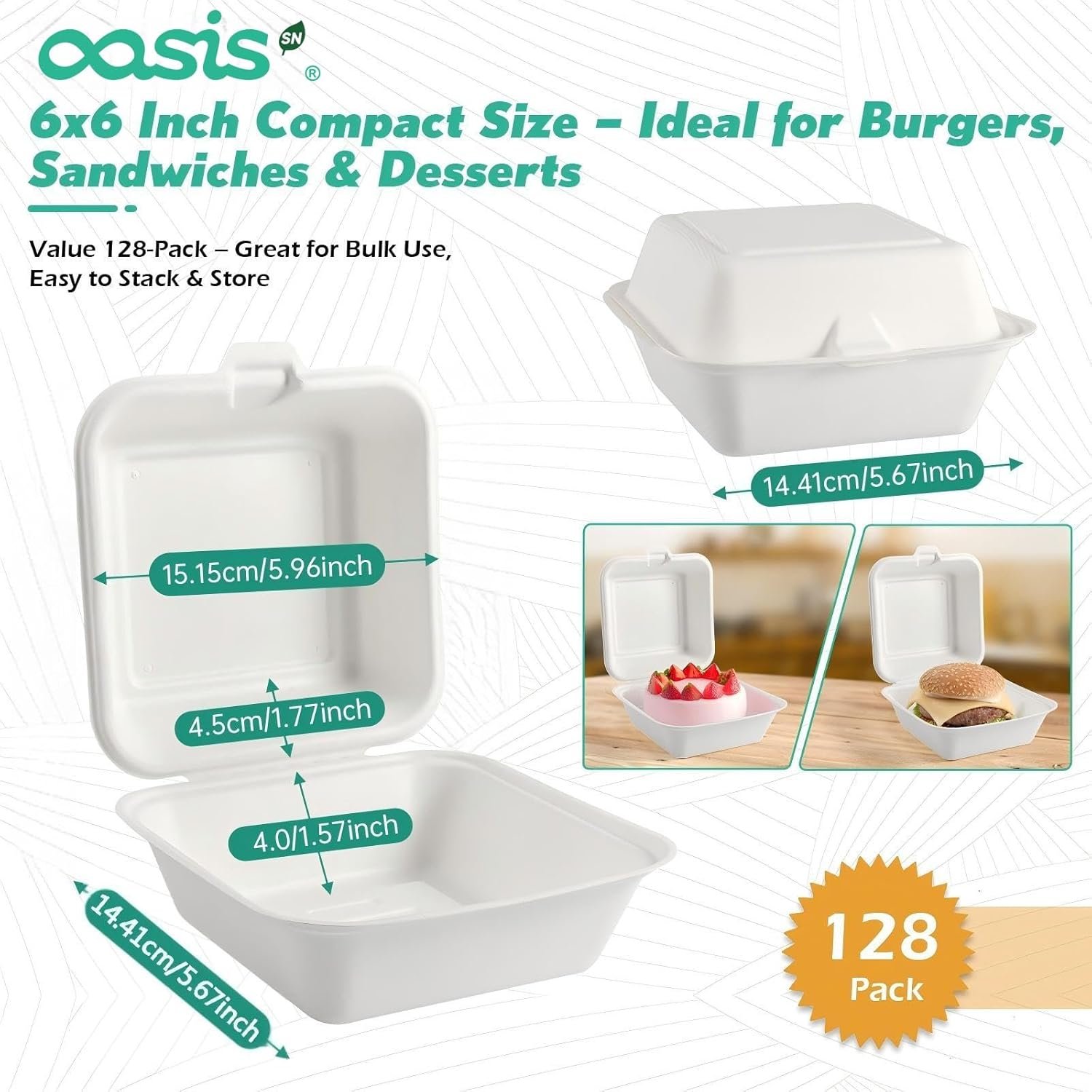Grossiste de Contenants Alimentaires à Emporter Compostables 6x6, Boîtes en Papier Bagasse Biodégradables pour Burgers et Sandwiches, Logo Personnalisé, Fabricant Éco-Responsable, Vente en Gros, Résistantes au Micro-ondes et au Congélateur (Blanc, Petit)