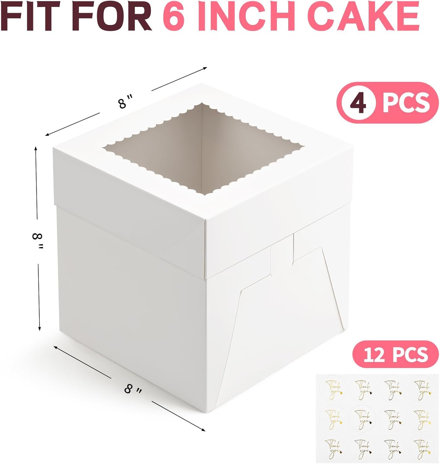 Vente en Gros de Boîtes à Gâteau 4 Pièces 8 x 8 x 8 Pouces avec Fenêtre et Autocollants, Fournisseur de Contenants à Gâteau Jetables pour Événements, Logo Personnalisé Vente en Gros de Boîtes à Gâteau 4 Pièces 8 x 8 x 8 Pouces avec Fenêtre et Autocollants, Fournisseur de Contenants à Gâteau Jetables pour Événements, Logo Personnalisé