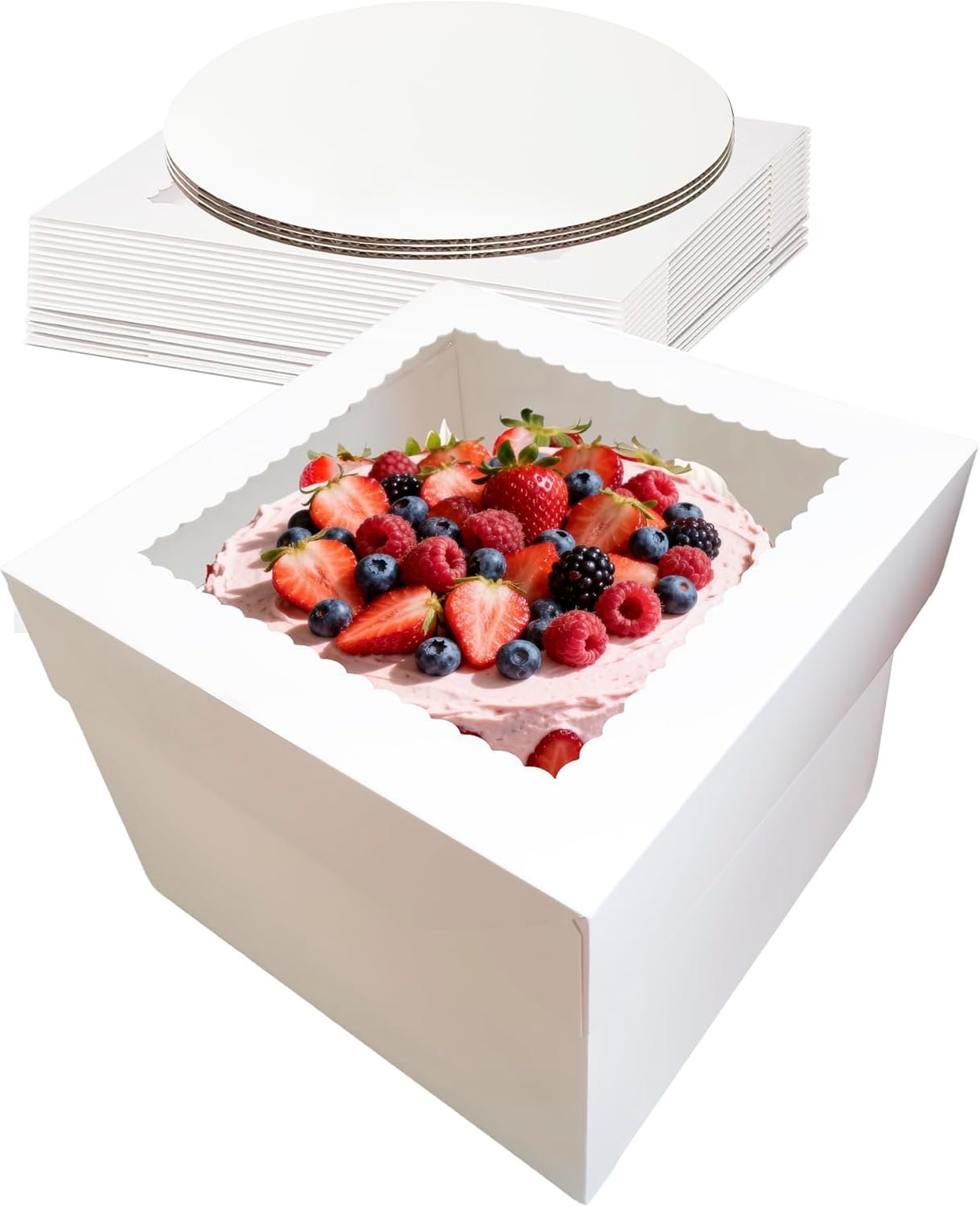 Grossiste en Vrac - 3 Boîtes à Gâteau 10x10x8 Pouces avec Support à Gâteau 10", Contenants à Gâteau Jetables avec Couvercle, Boîtes Blances avec Grande Fenêtre pour Gâteaux de Noces, Pâtisseries, Beignets, Cookies, Fabricant pour Événements comme Anniversaires et Fêtes, Logo Personnalisé.