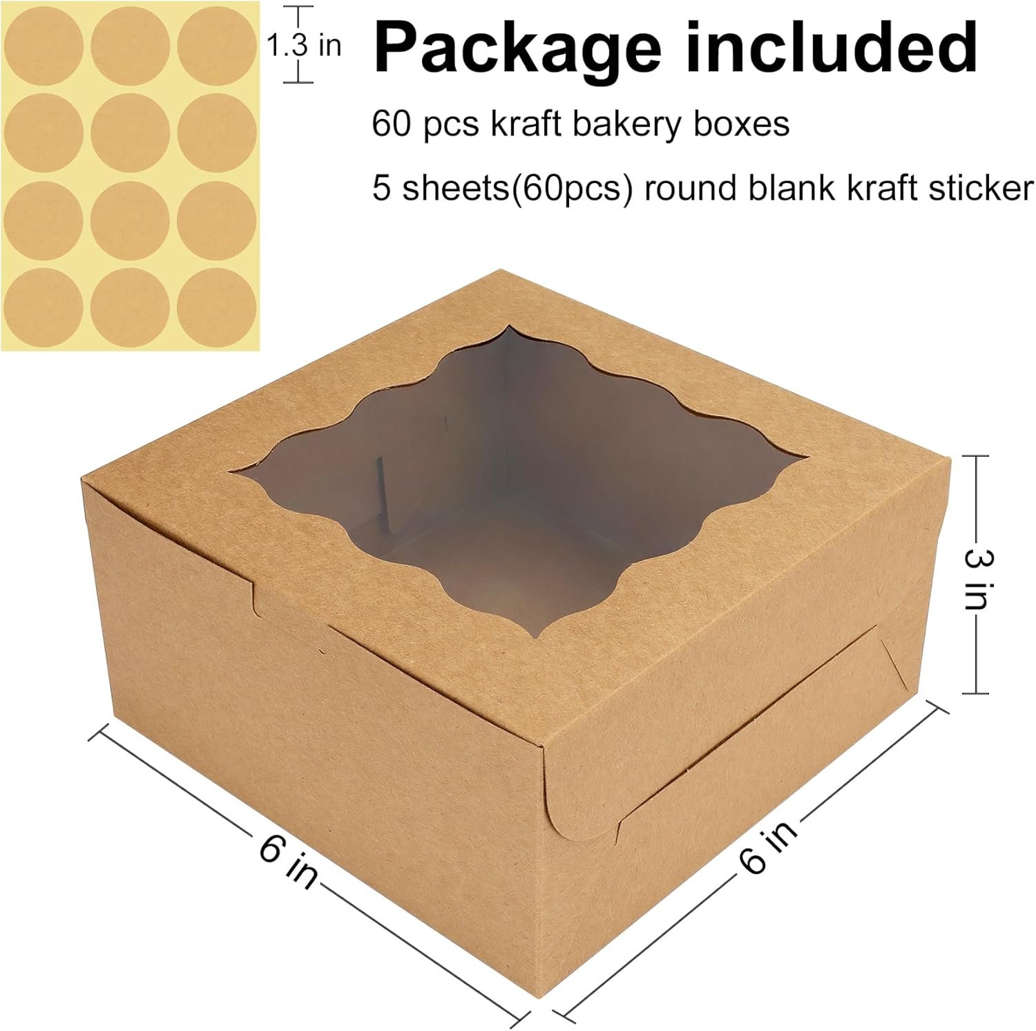 Boîte à pâtisserie en kraft avec fenêtre pour 60 pièces, 6 x 6 x 3 pouces, vente en gros, fabriquée par un fournisseur, avec logo personnalisé.