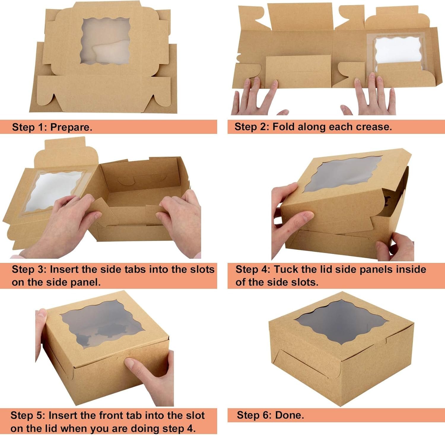 Boîte à pâtisserie en kraft avec fenêtre pour 60 pièces, 6 x 6 x 3 pouces, vente en gros, fabriquée par un fournisseur, avec logo personnalisé.