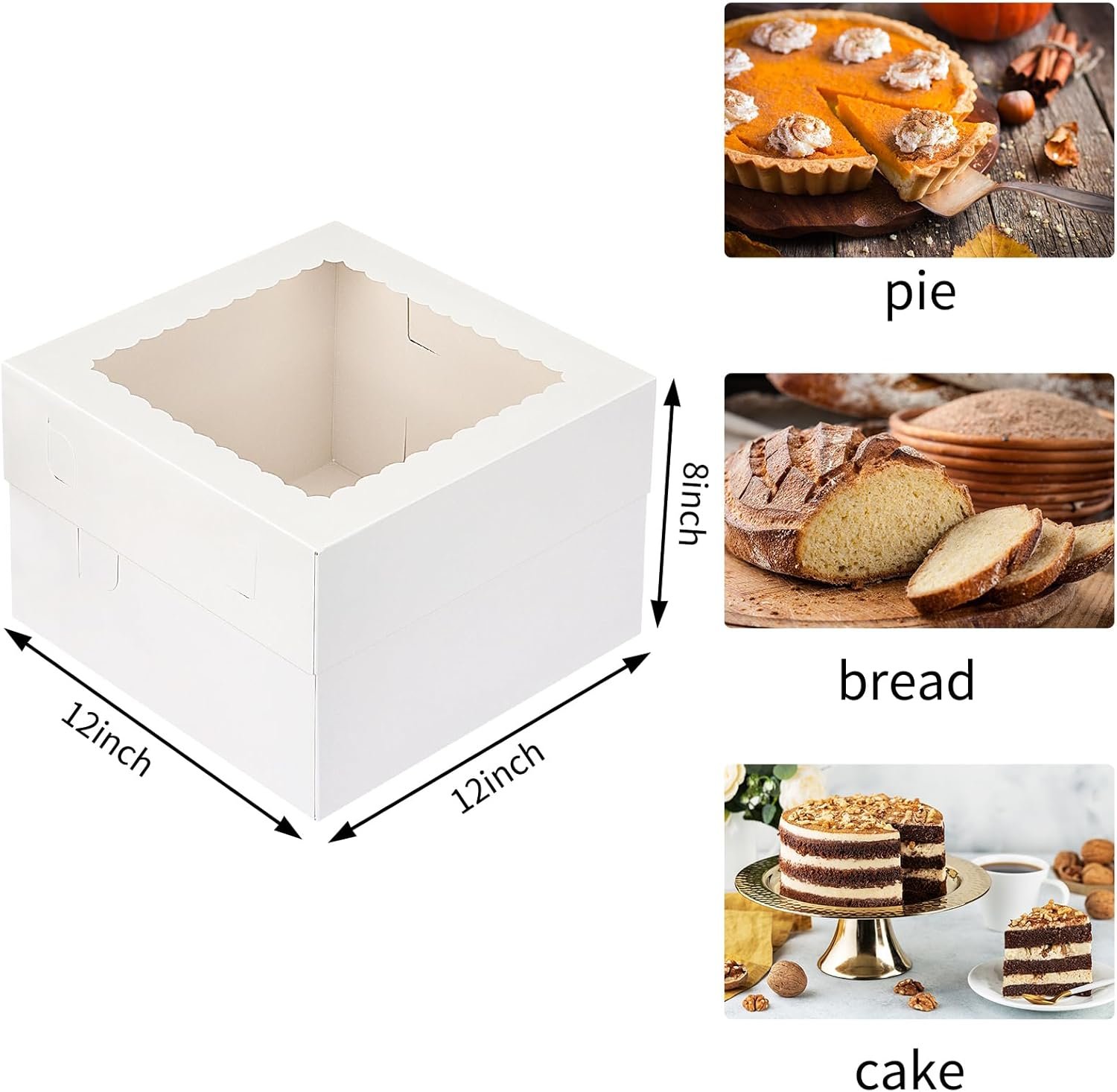 Grossiste en Vrac, boîtes à gâteaux 12x12x8 pouces avec fenêtre, logo personnalisé pour desserts, fabricant de contenants en carton.
