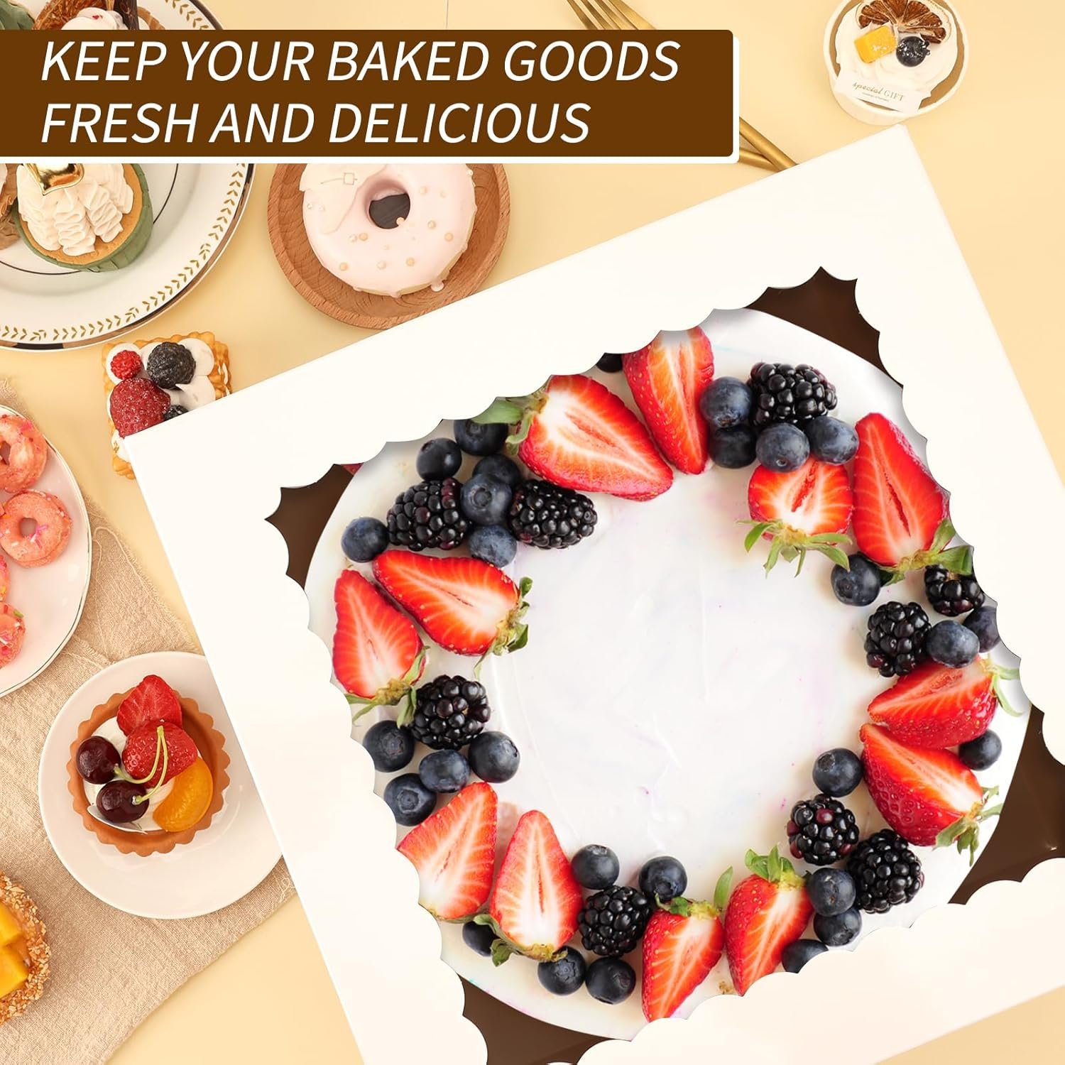 Grossiste en Vrac, boîtes à gâteaux 12x12x8 pouces avec fenêtre, logo personnalisé pour desserts, fabricant de contenants en carton.