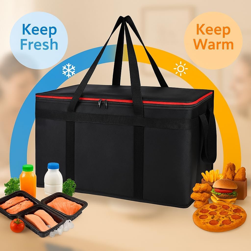 Grossiste de sacs de livraison alimentaires isolés XXXL avec fond rigide et porte-boissons de 6 tasses, solution de transport thermique pour la restauration professionnelle, fournisseur de sacs de courses congelés, marque blanche robuste pour le transport chaud et froid.