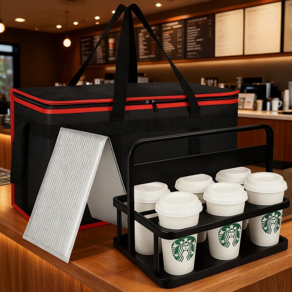 Grossiste de sacs de livraison alimentaires isolés XXXL avec fond rigide et porte-boissons de 6 tasses, solution de transport thermique pour la restauration professionnelle, fournisseur de sacs de courses congelés, marque blanche robuste pour le transport chaud et froid.