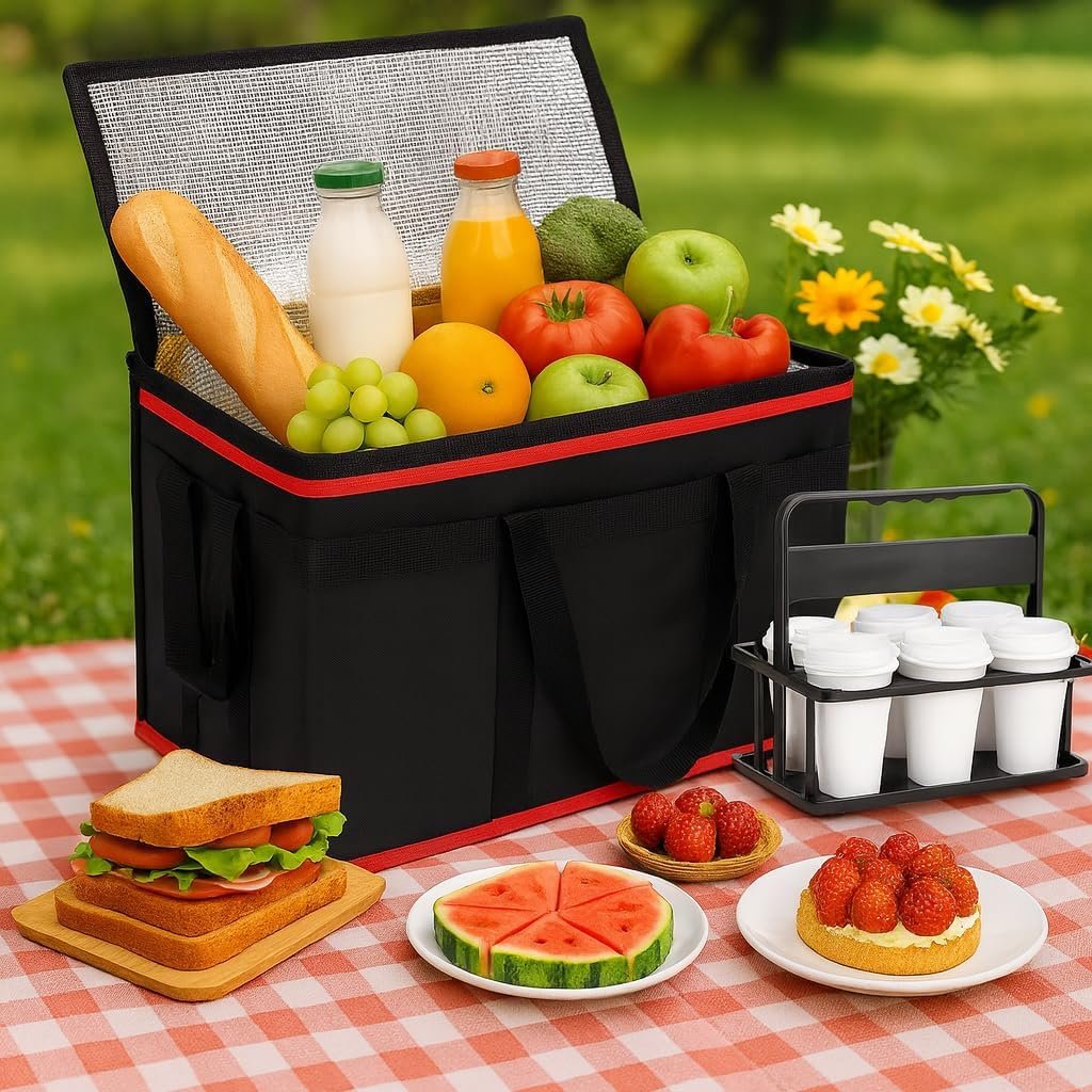 Grossiste de sacs de livraison alimentaires isolés XXXL avec fond rigide et porte-boissons de 6 tasses, solution de transport thermique pour la restauration professionnelle, fournisseur de sacs de courses congelés, marque blanche robuste pour le transport chaud et froid.