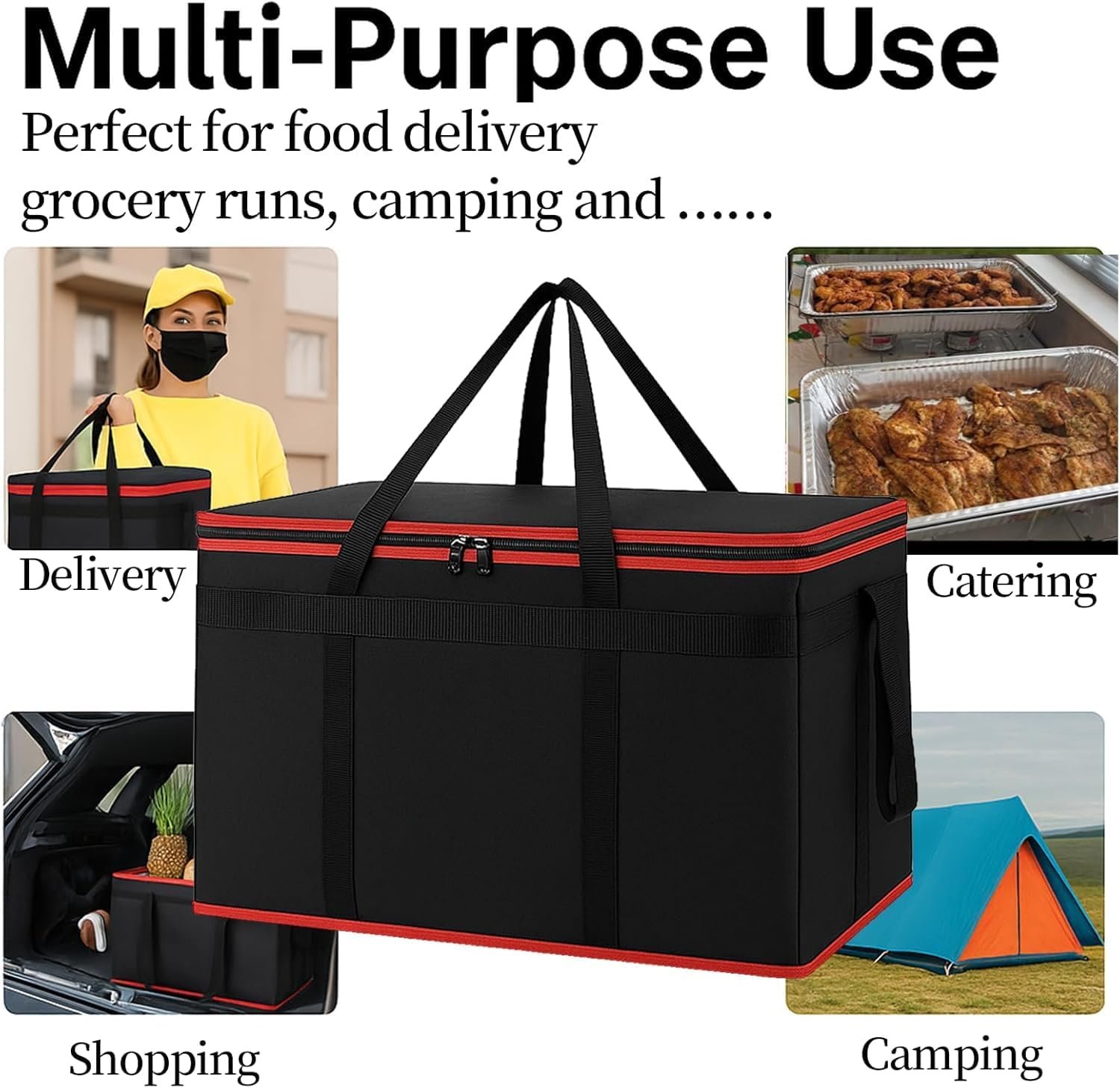 Grossiste de sacs de livraison alimentaires isolés XXXL avec fond rigide et porte-boissons de 6 tasses, solution de transport thermique pour la restauration professionnelle, fournisseur de sacs de courses congelés, marque blanche robuste pour le transport chaud et froid.