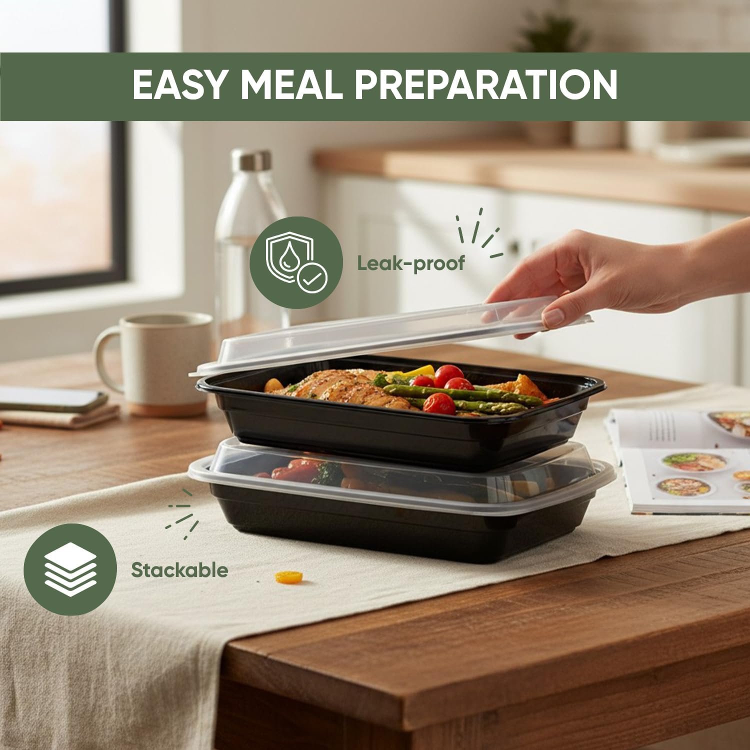 50 Pack de contenants alimentaires réutilisables de 16 oz, étanches et empilables, avec couvercles, pour préparation de repas, vente en gros par fabricant, adaptés pour le micro-ondes et le lave-vaisselle, style bento à emporter, sans BPA. Logo personnalisé sur demande.