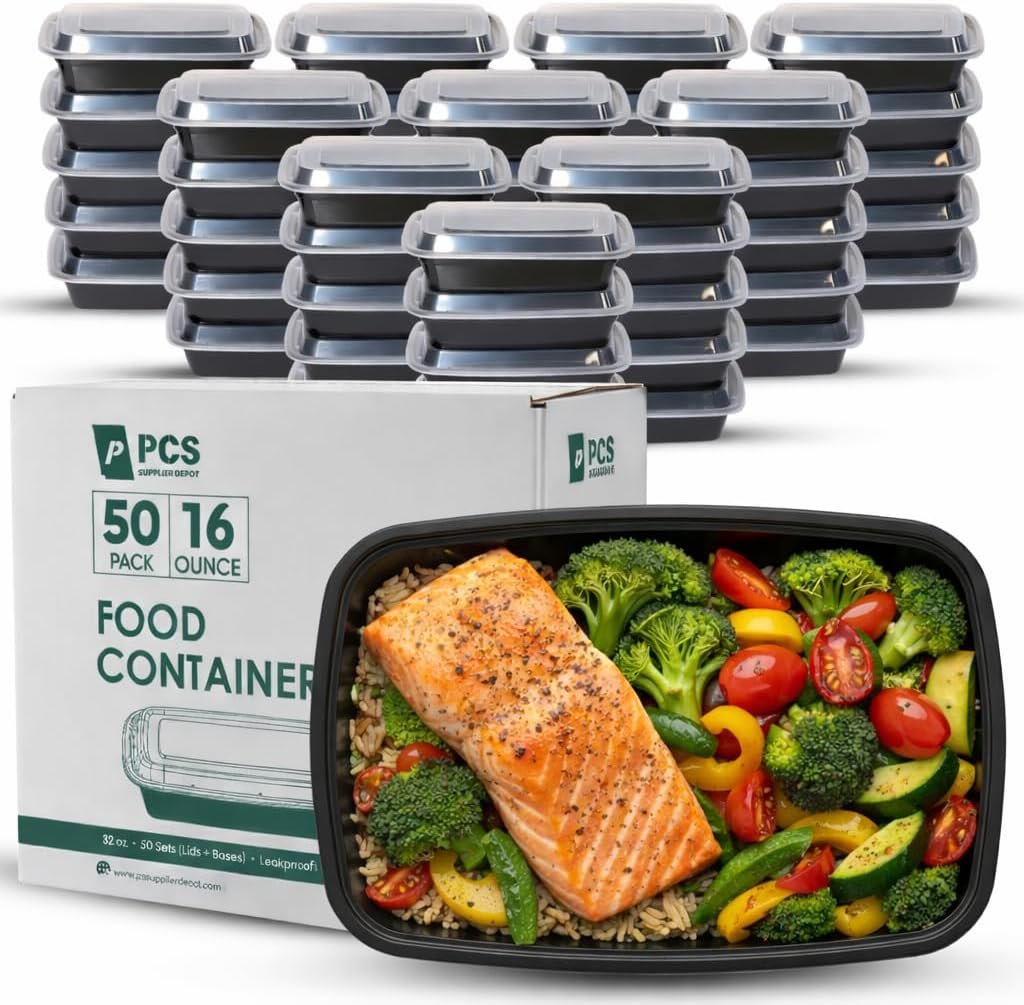50 Pack de contenants alimentaires réutilisables de 16 oz, étanches et empilables, avec couvercles, pour préparation de repas, vente en gros par fabricant, adaptés pour le micro-ondes et le lave-vaisselle, style bento à emporter, sans BPA. Logo personnalisé sur demande.