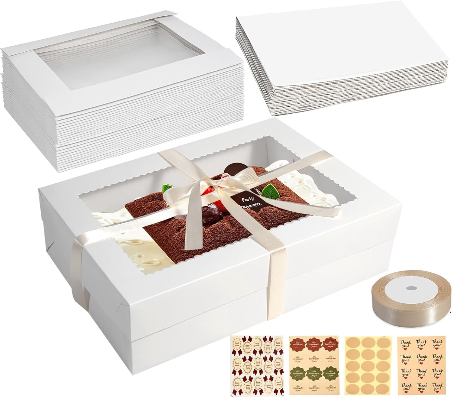 Grossiste de boîtes à gâteau blanches 14x10x4 pouces avec fenêtre, cake board inclus, pour gâteaux, donuts, cupcakes, pâtisseries et tartes - Logo Personnalisé - Fabricant fiable.