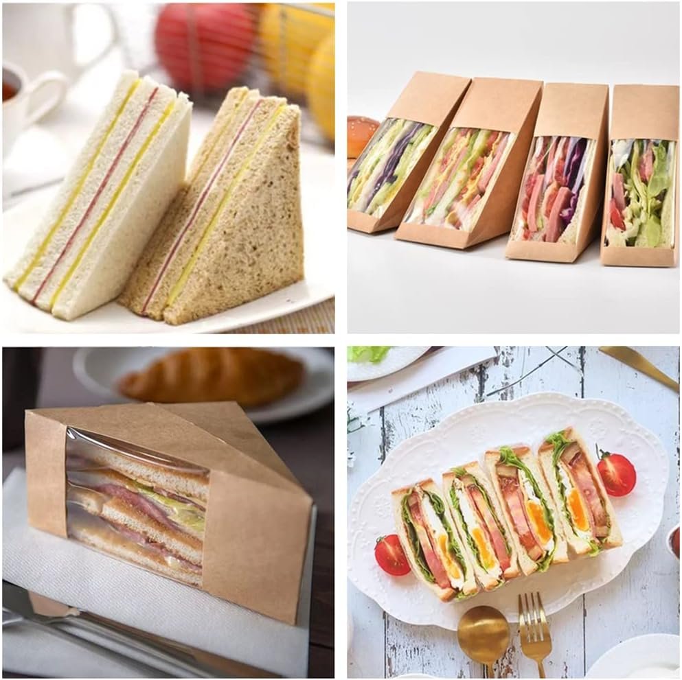 Boîte à sandwich en papier kraft avec fenêtre, 50 pièces, grossiste de conteneurs individuels pour charcuterie et sushi, fabricant de boîtes en forme de coin, contenant pour tranche de gâteau, service à emporter pour restaurants, OEM (Marron - L)