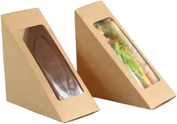 Boîte à sandwich en papier kraft avec fenêtre, 50 pièces, grossiste de conteneurs individuels pour charcuterie et sushi, fabricant de boîtes en forme de coin, contenant pour tranche de gâteau, service à emporter pour restaurants, OEM (Marron - L)
