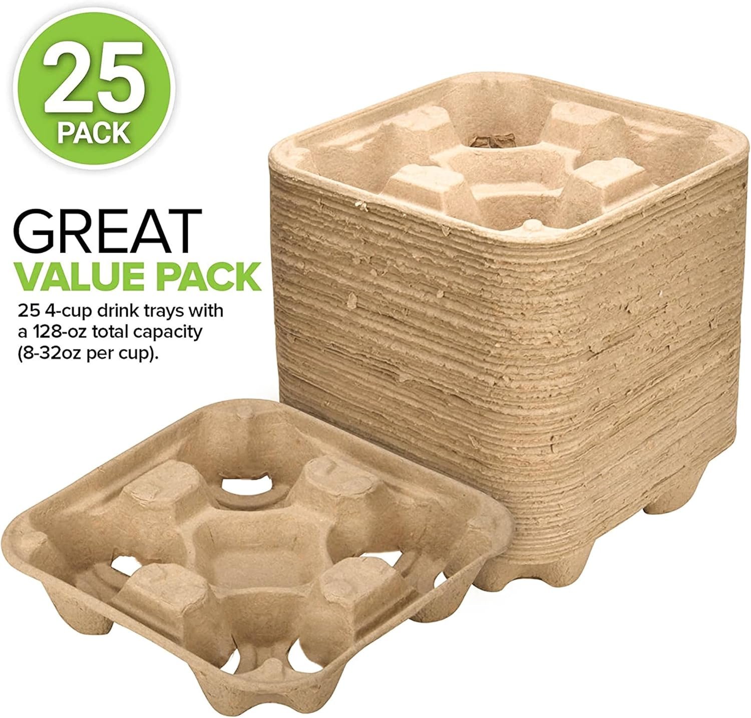 Grossiste tray à café jetable pour 4 tasses (25 unités) - Logo personnalisé, support de tasse compostable, durabilité pour boissons chaudes ou froides, fournisseur de service de livraison.