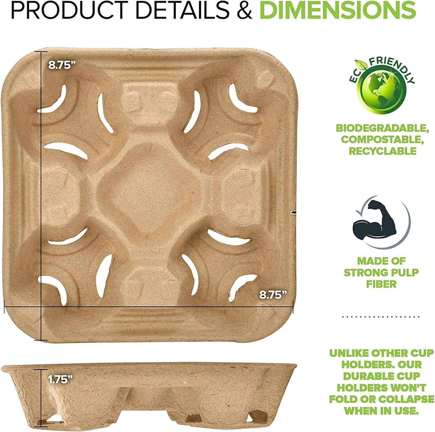 Grossiste tray à café jetable pour 4 tasses (25 unités) - Logo personnalisé, support de tasse compostable, durabilité pour boissons chaudes ou froides, fournisseur de service de livraison.