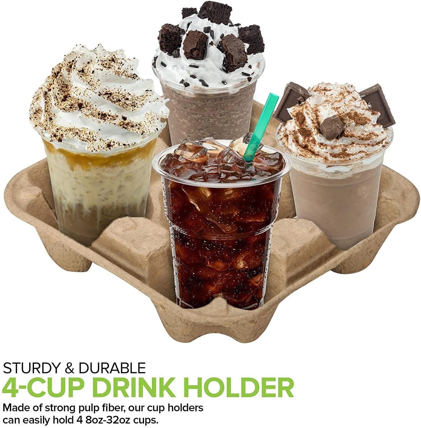 Grossiste tray à café jetable pour 4 tasses (25 unités) - Logo personnalisé, support de tasse compostable, durabilité pour boissons chaudes ou froides, fournisseur de service de livraison.