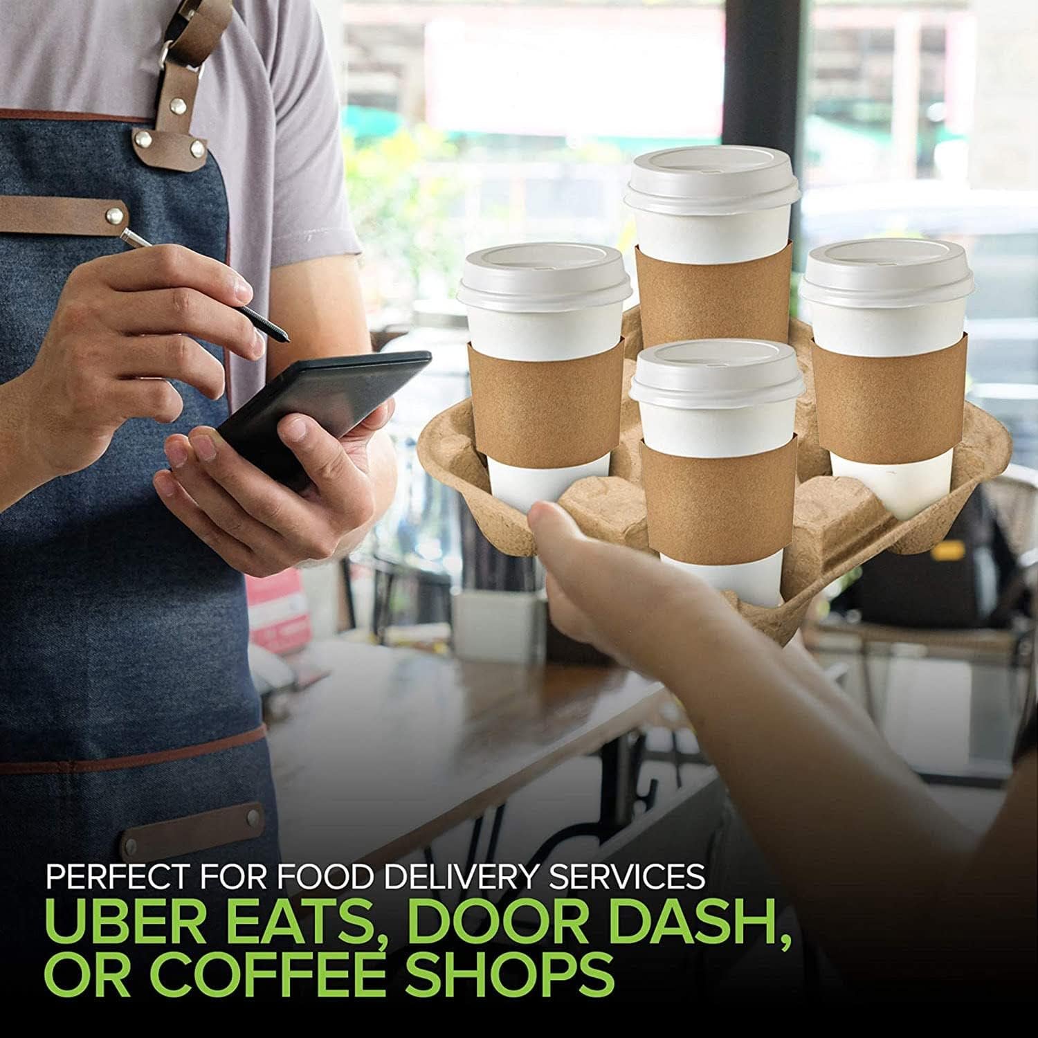 Grossiste tray à café jetable pour 4 tasses (25 unités) - Logo personnalisé, support de tasse compostable, durabilité pour boissons chaudes ou froides, fournisseur de service de livraison.