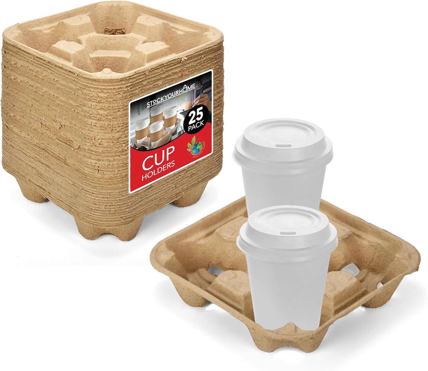 Grossiste tray à café jetable pour 4 tasses (25 unités) - Logo personnalisé, support de tasse compostable, durabilité pour boissons chaudes ou froides, fournisseur de service de livraison.