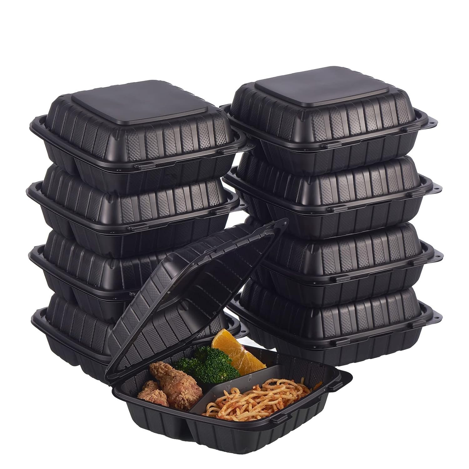 Grossiste 8X8" Plateaux alimentaires jetables en plastique à 3 compartiments 50-pack Avec couvercles pivotants sécurisés pour emballage de pâtes, salades et sandwiches OEM Fabricant.