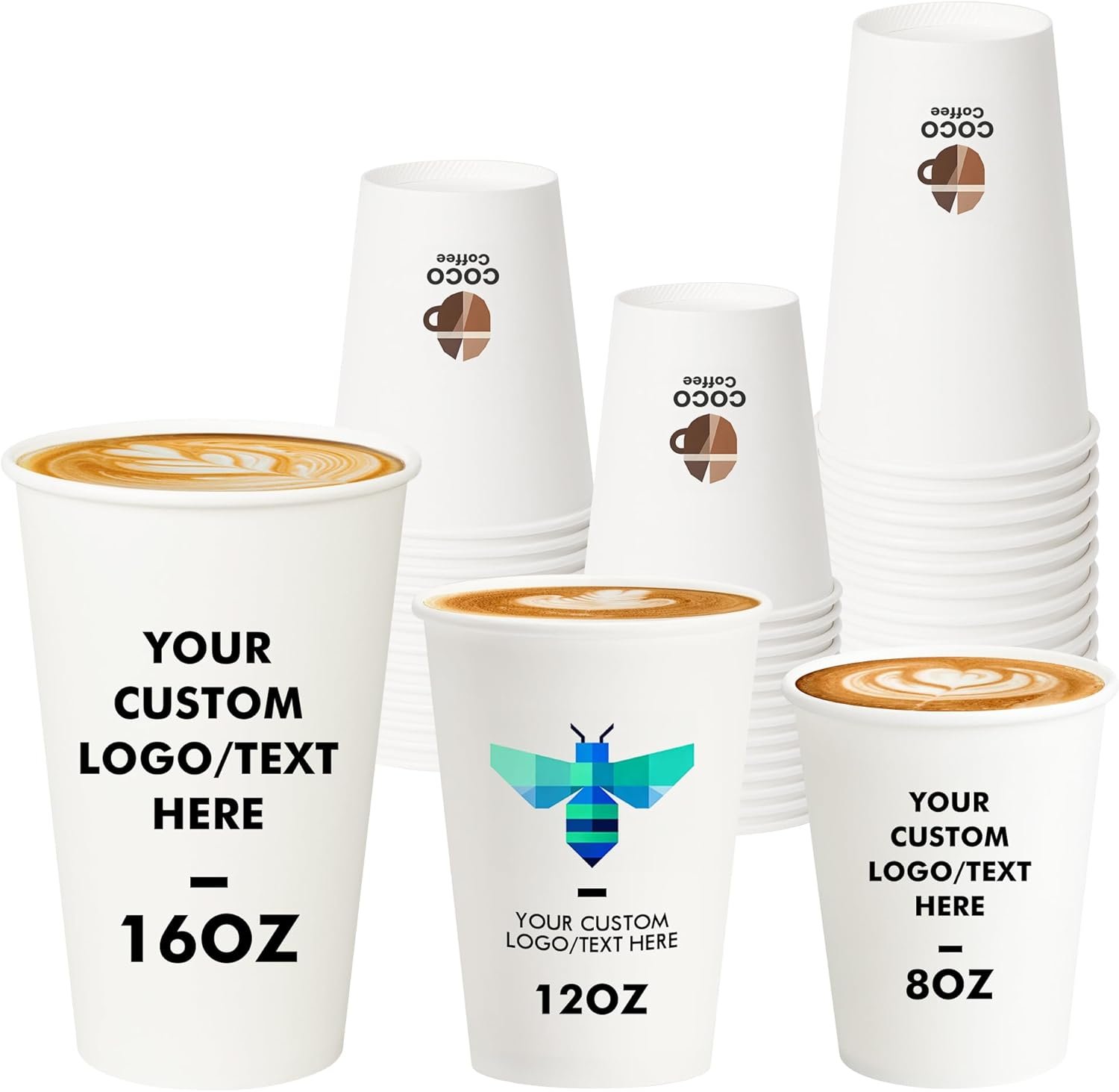Grossiste en gobelets en papier personnalisés 8 oz, 12 oz, 16 oz, avec logo personnalisé, fabricant fiable pour boissons chaudes et froides, vente en gros de gobelets solides pour magasins et petites entreprises.