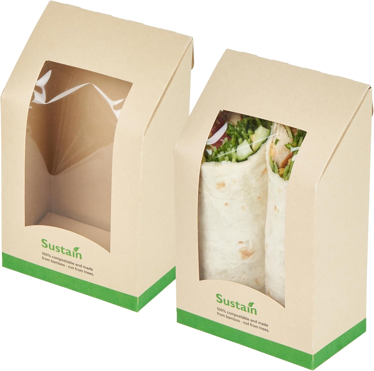 Conteneur à sandwich vente en gros 50 unités de 5,9 x 3,7 x 2,1 pouces boîte en papier avec fenêtre transparente emballage étanche couleur kraft idéal pour cafés et repas à emporter, fournisseur de logo personnalisé.