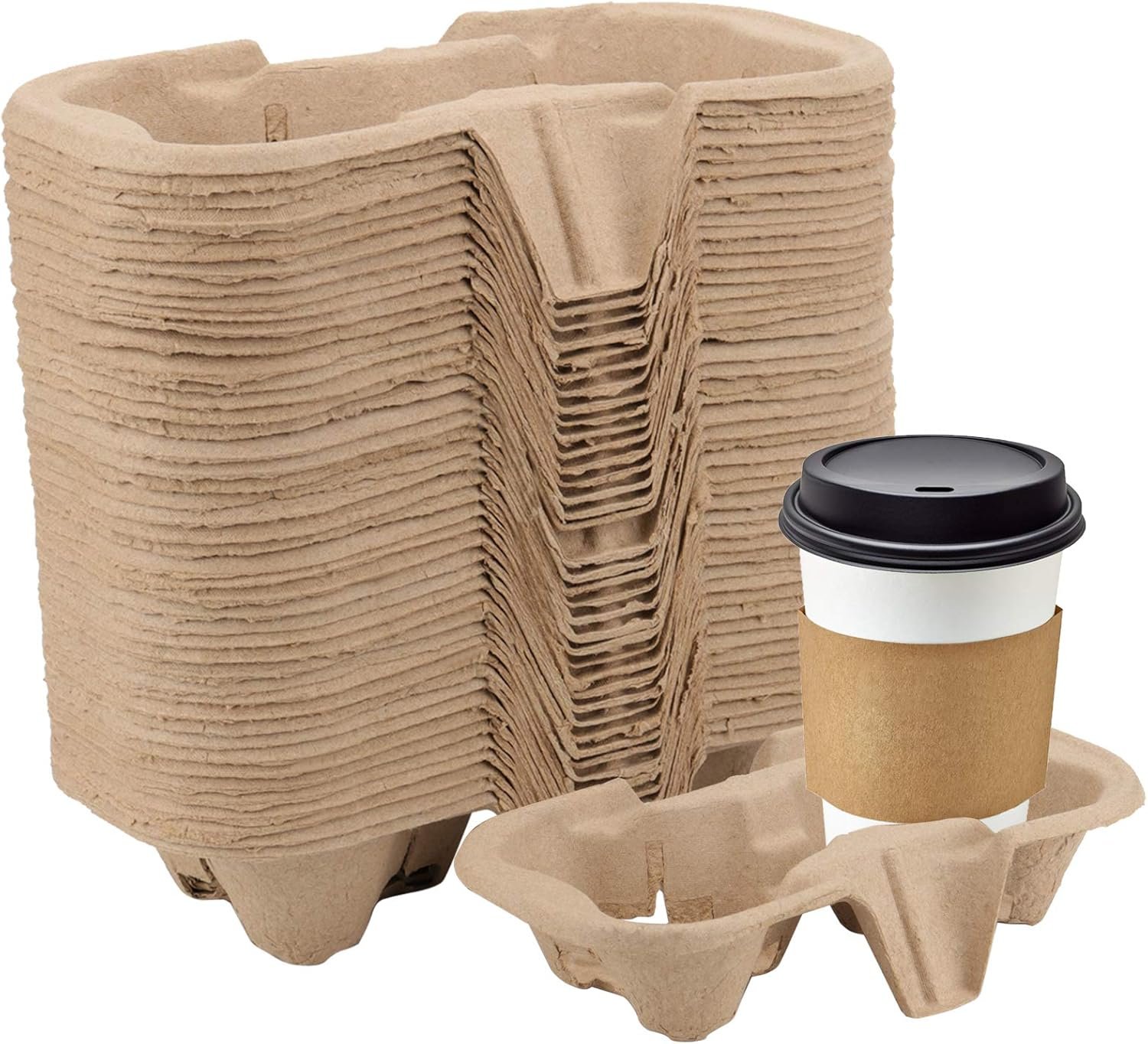 Grossiste 100 Pack de porte-gobelets en pulpe de fibre 2 tasses, support à café jetable pour boissons chaudes ou froides, idéal pour restaurants et bars à jus, marque blanche Fournisseur.