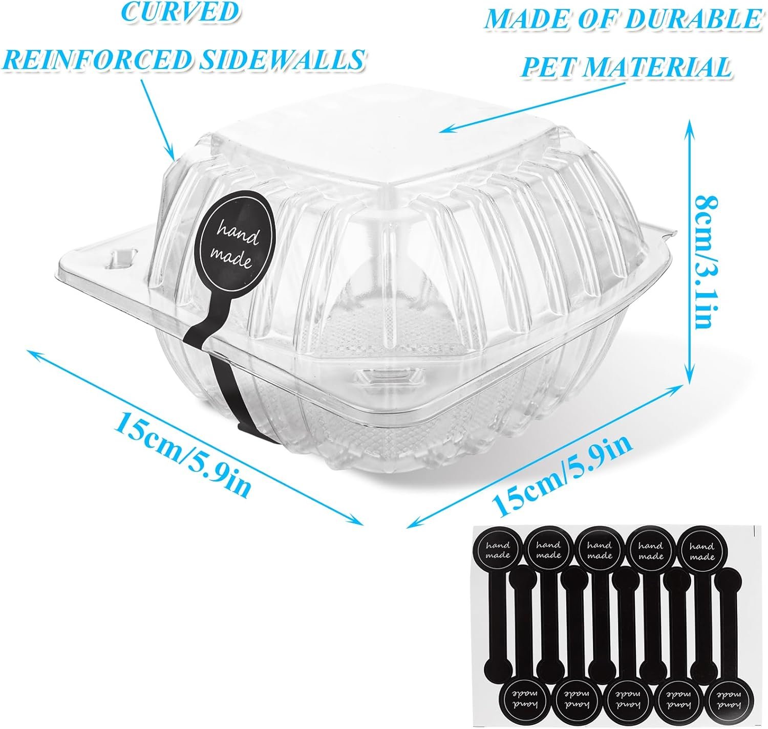 Grossiste Contenants à Emporter en Plastique Clamshell Transparents 200 Packs 6 x 6 x 3,15 pouces, Boîtes Hinge Jetables pour Desserts, Gâteaux, Salades, Hamburgers, Sandwiches avec 200 Étiquettes Fait Main, Logo Personnalisé et Fabricant.